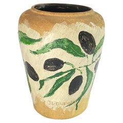 Vase en céramique peinte, Vallauris, blanc, vert et noir, France 1977, signé