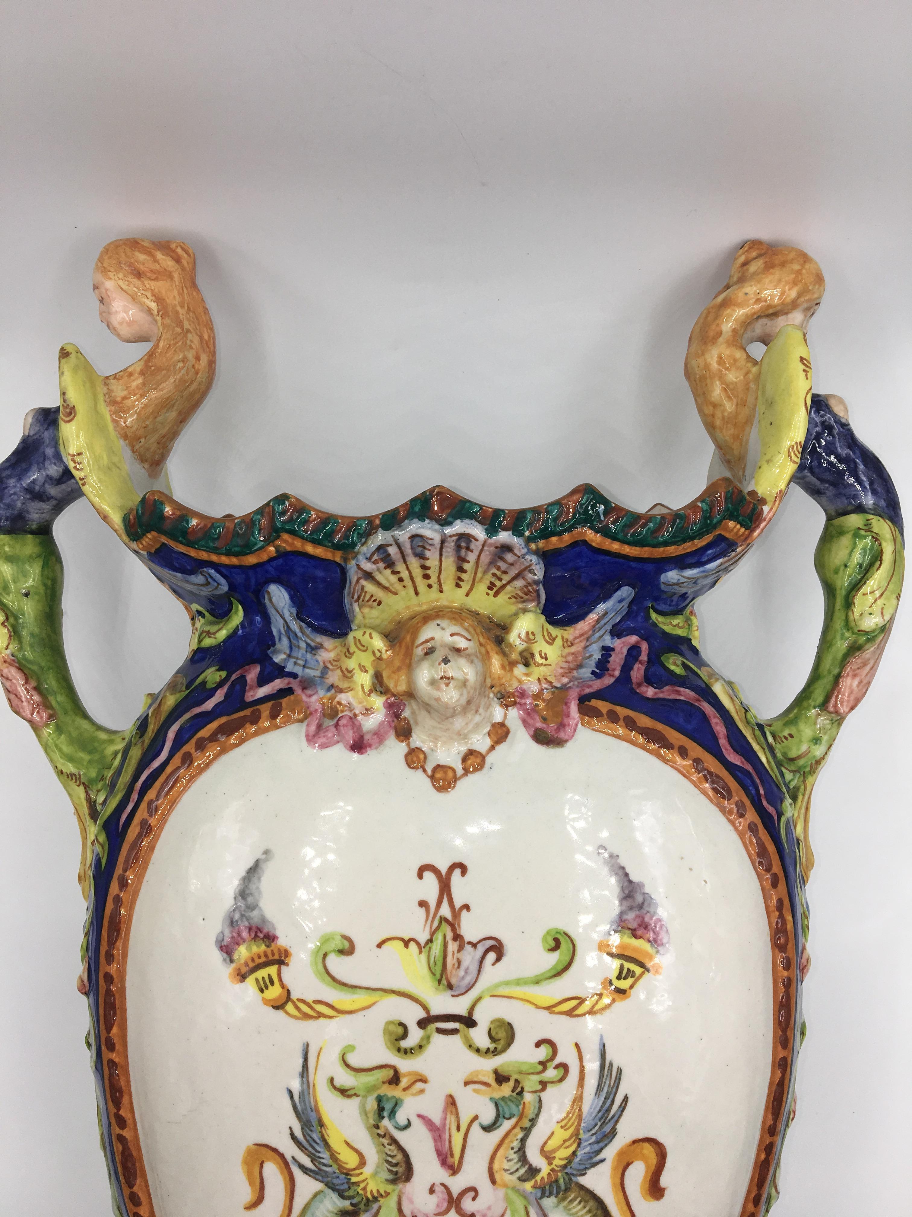 Italian Vase in Polychrome Ceramic with Grotesque Decoration, Italy, circa 1913 For Sale