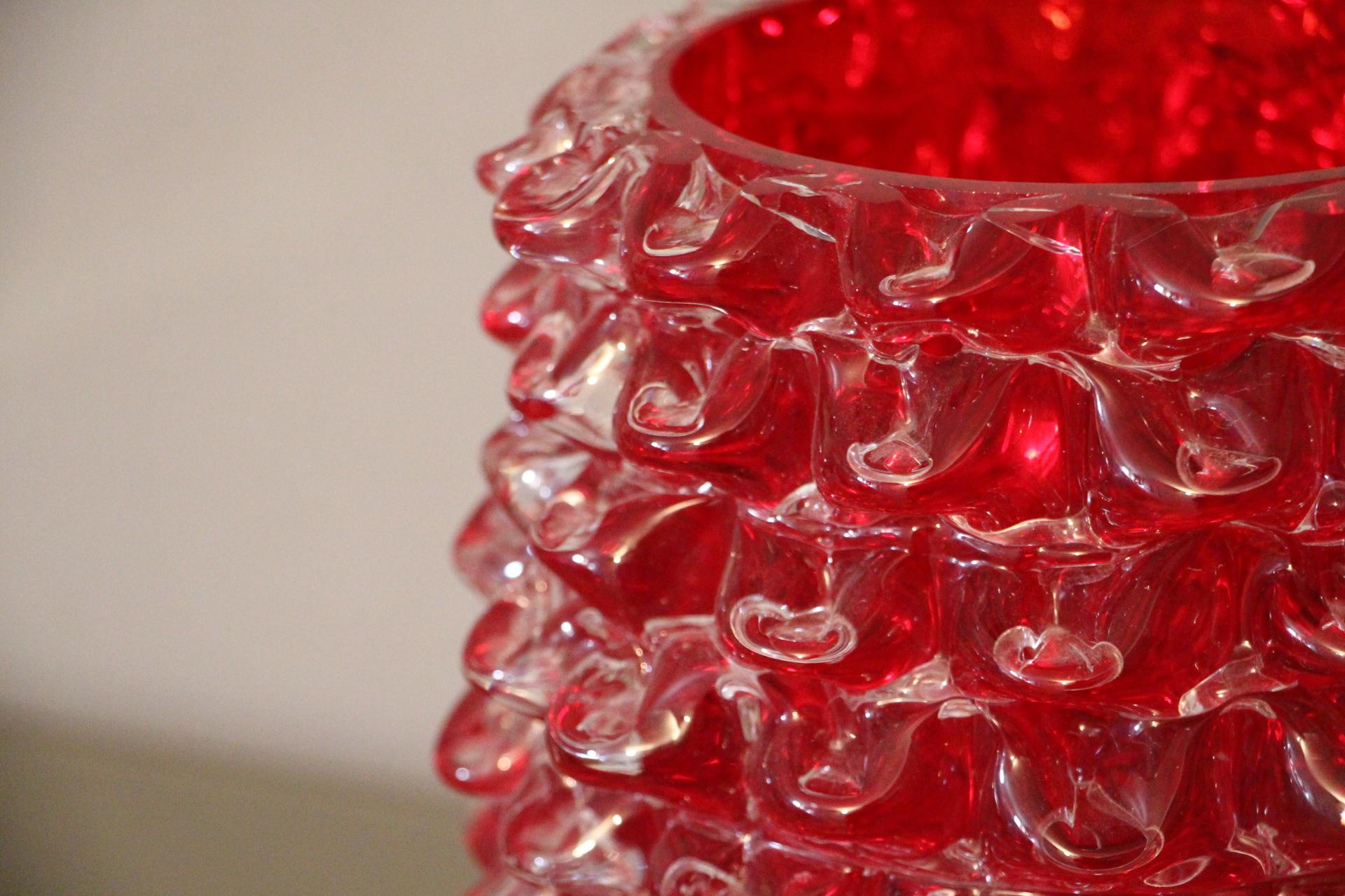 Mid-Century Modern Vase in Ruby Red Murano Glass with Rostrato Spikes Decor For Sale