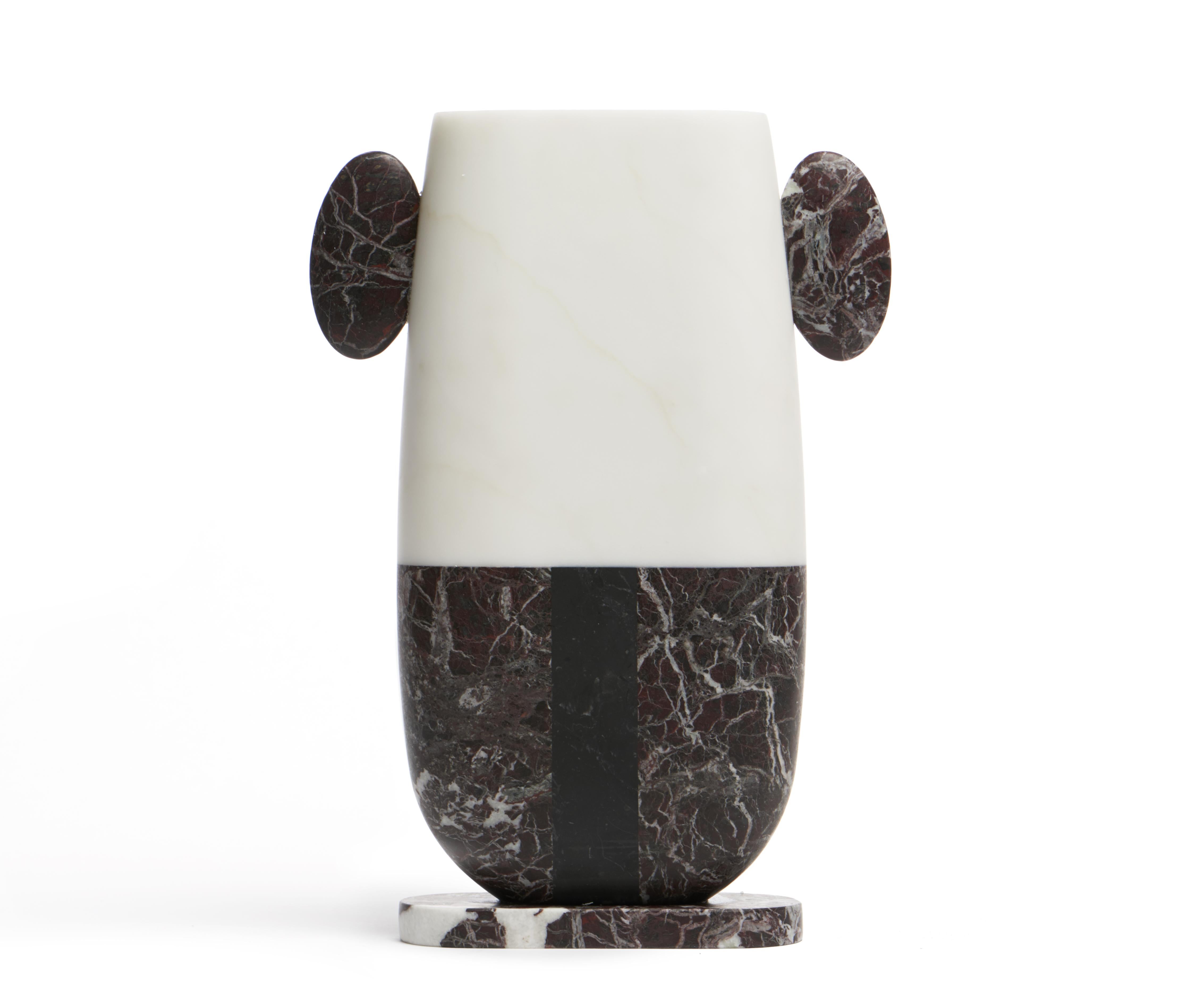 Italian New Modern Vase in White, Black and Red Marbles, creator Matteo Cibic Stock For Sale