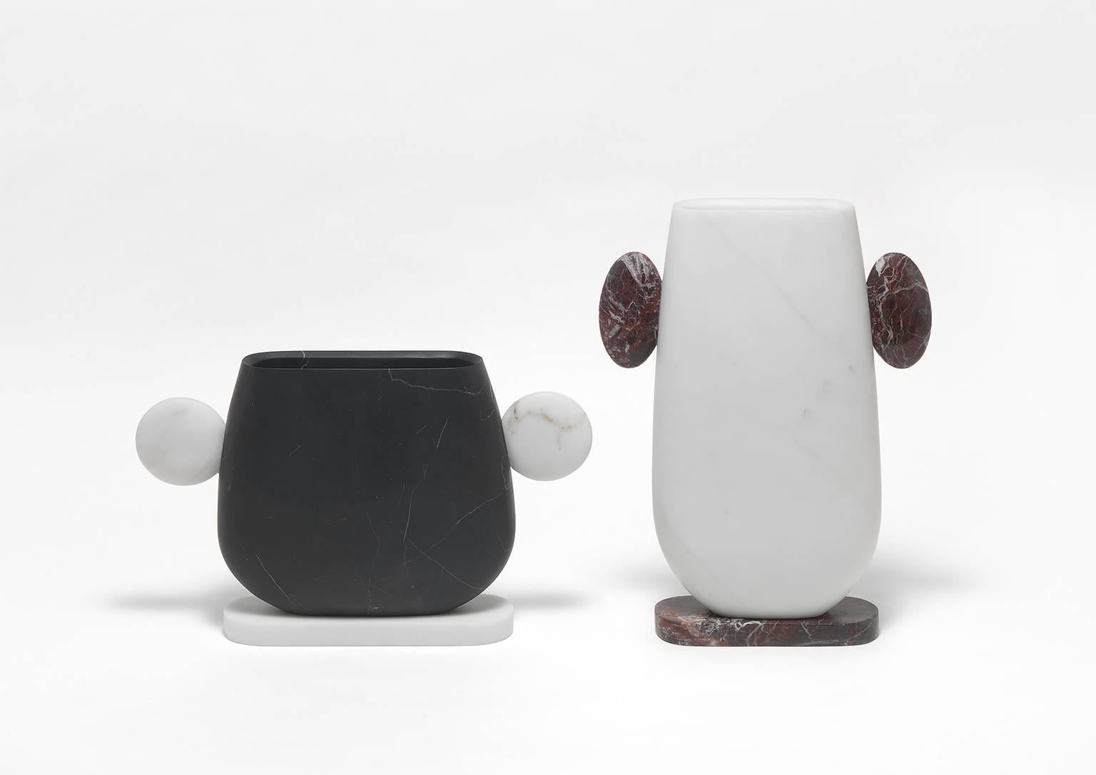 Contemporary New Modern Vase in White, Black and Red Marbles, creator Matteo Cibic Stock For Sale