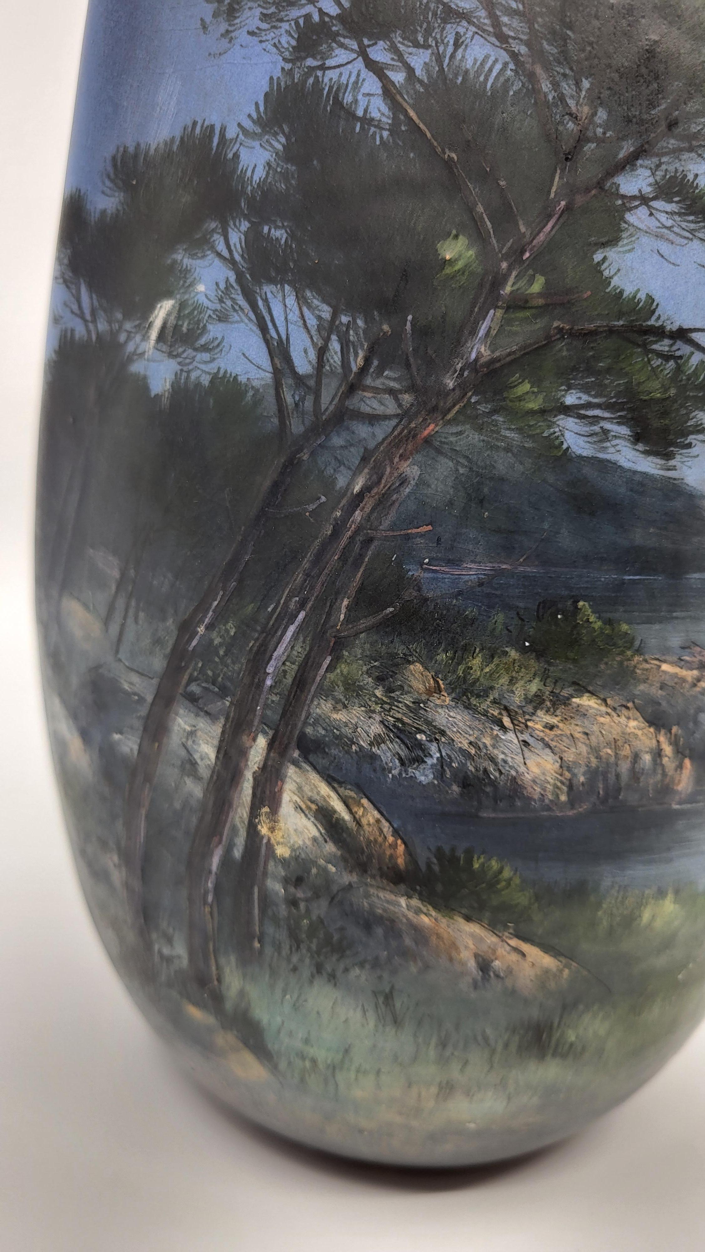 Vase Jérome Massier en céramique décor paysage marin Francais  Art nouveau 1900 Bon état - En vente à AIX-LES-BAINS, FR
