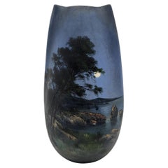 Used Vase Jérome Massier en céramique décor paysage marin Francais  Art Nouveau 1900