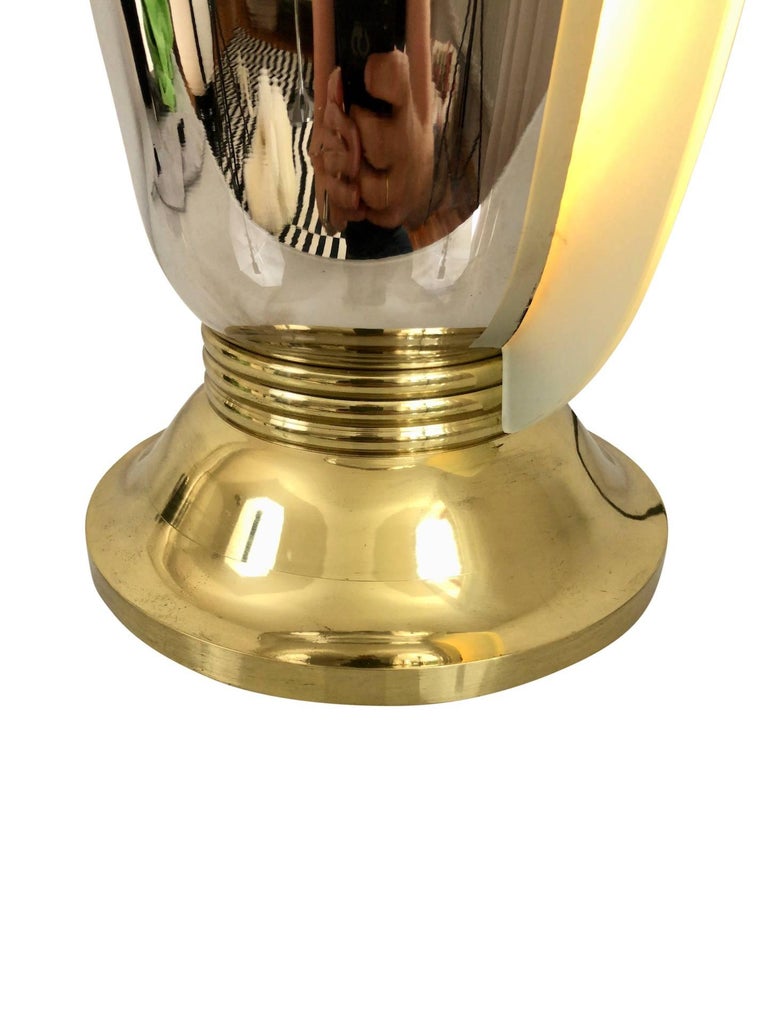 Beautiful vase lamp with typical tulip shape
Lighted, sanded glass on two sides
Original chrome (just cleaned)
Brass stand
Original Art Deco, France, 1930s. 

Dimensions:
Diameter shade 30 cm
Diameter stand 18.5 cm
Height 36 cm.