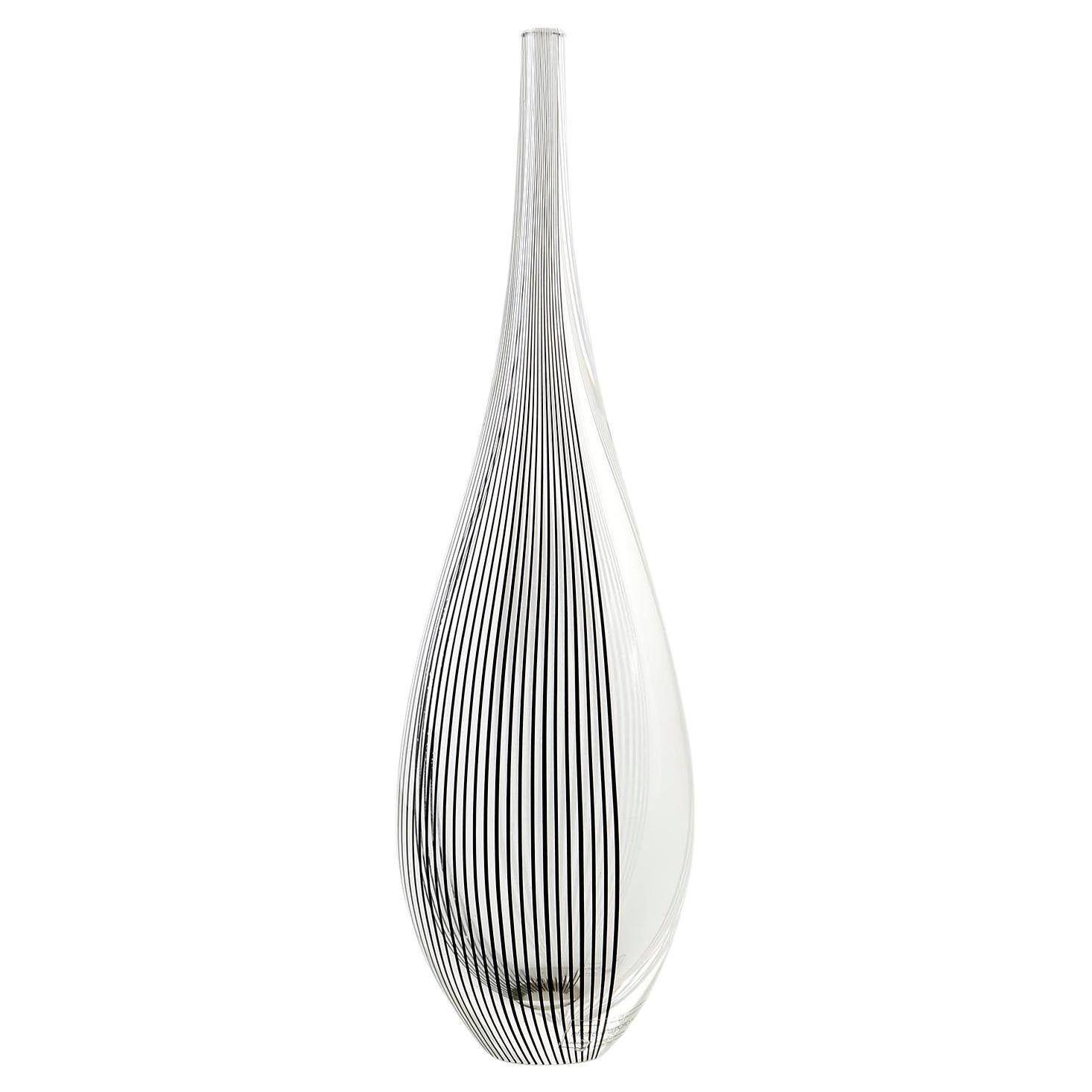 Modern Vase Lino Tagliapietra for Effetre Italy, Black White Stripped Clear Glass, 1987 For Sale