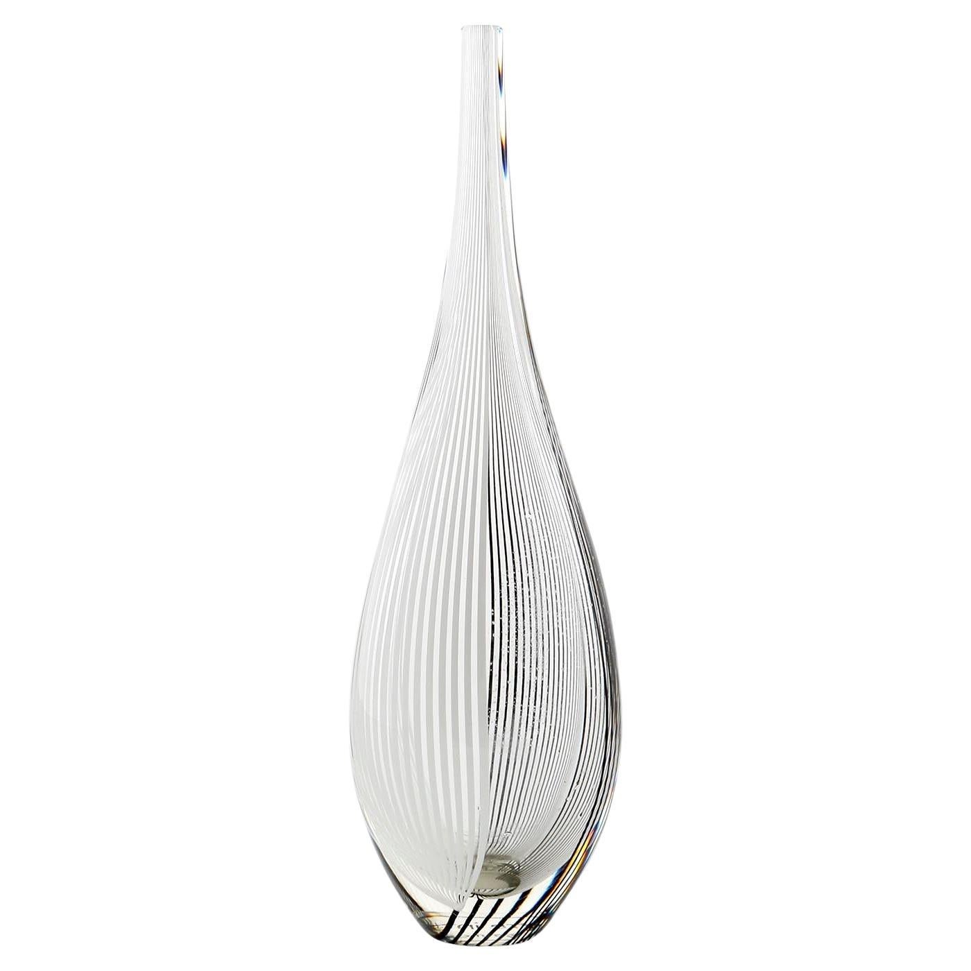 Modern Vase Lino Tagliapietra for Effetre Italy, Black White Stripped Clear Glass, 1987 For Sale