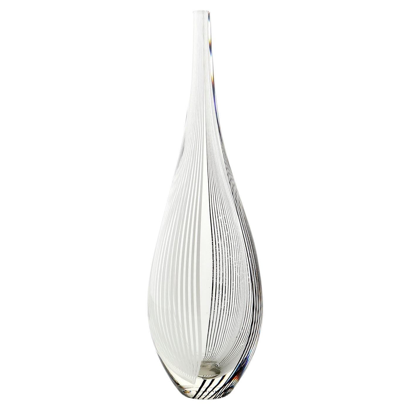 Italian Vase Lino Tagliapietra for Effetre Italy, Black White Stripped Clear Glass, 1987 For Sale