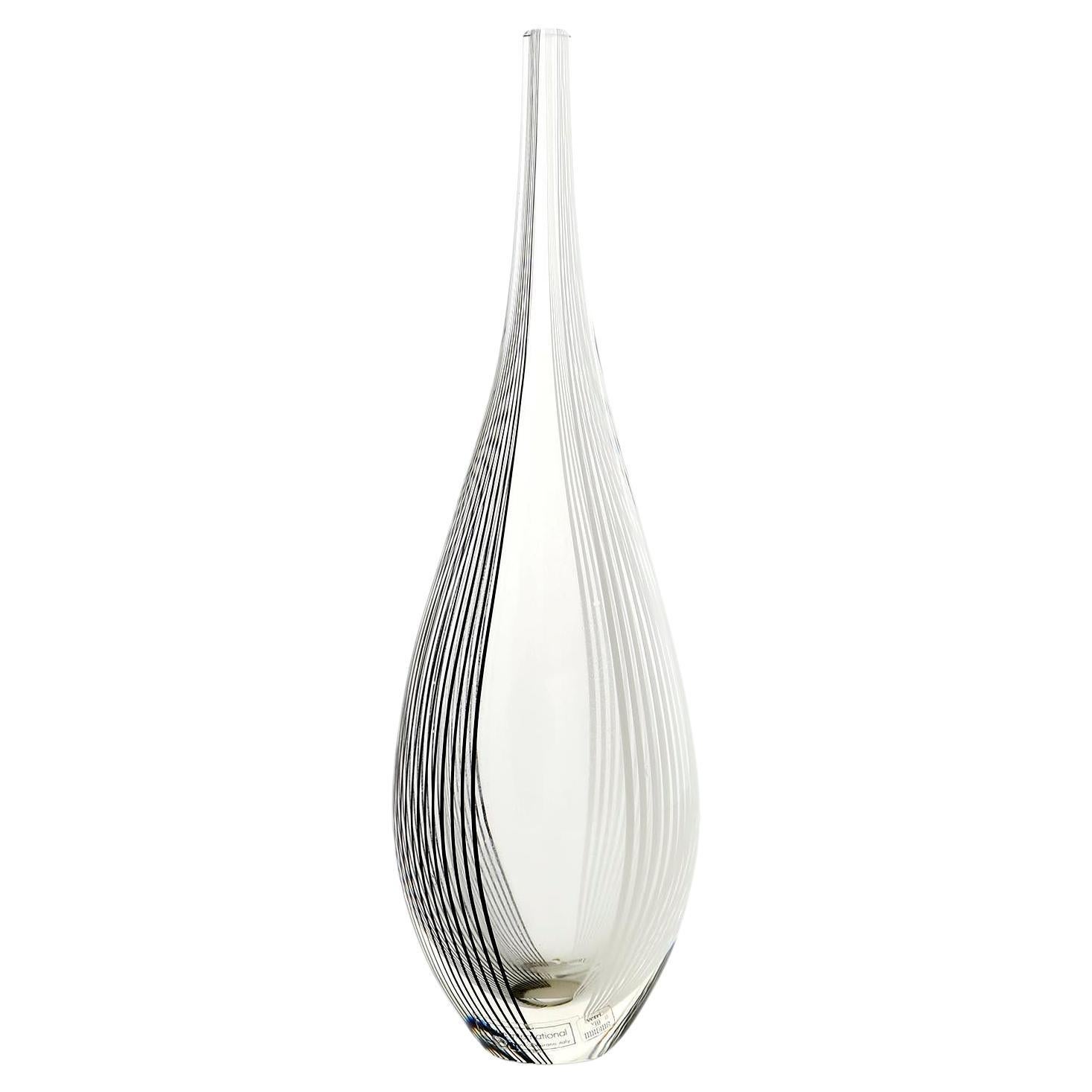 Vase Lino Tagliapietra for Effetre Italy, Black White Stripped Clear Glass, 1987 For Sale