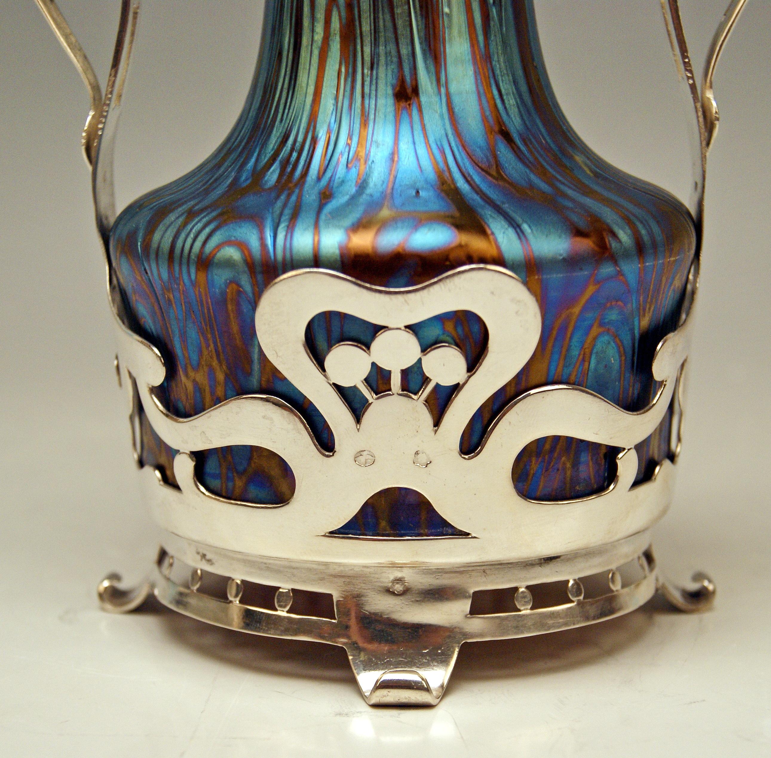 Austrian Vase Loetz Widow 85-3693 for Bakalowits PG 7766 Blue Vienna Silver Mounting 1900