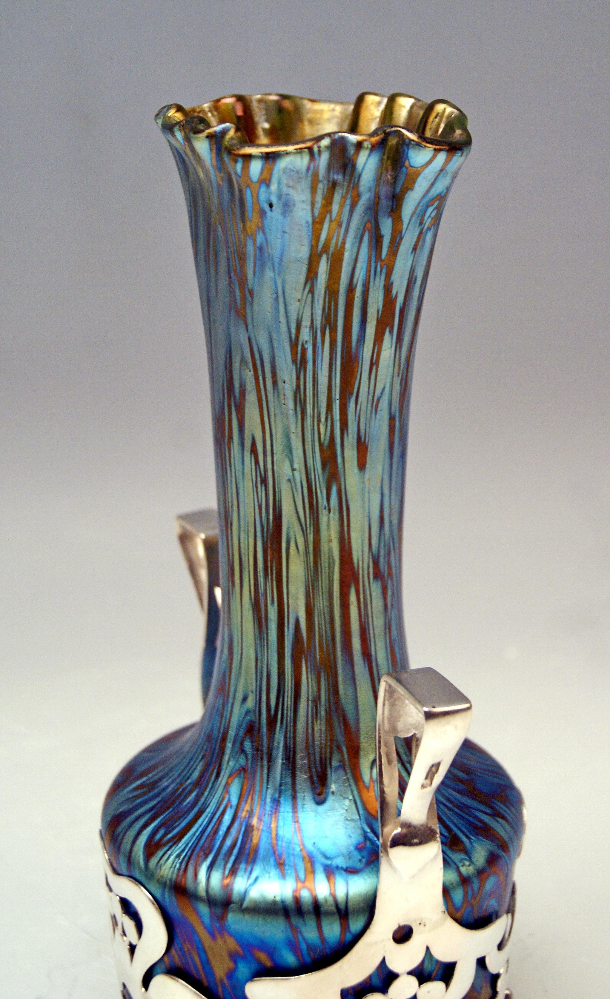 Glass Vase Loetz Widow 85-3693 for Bakalowits PG 7766 Blue Vienna Silver Mounting 1900