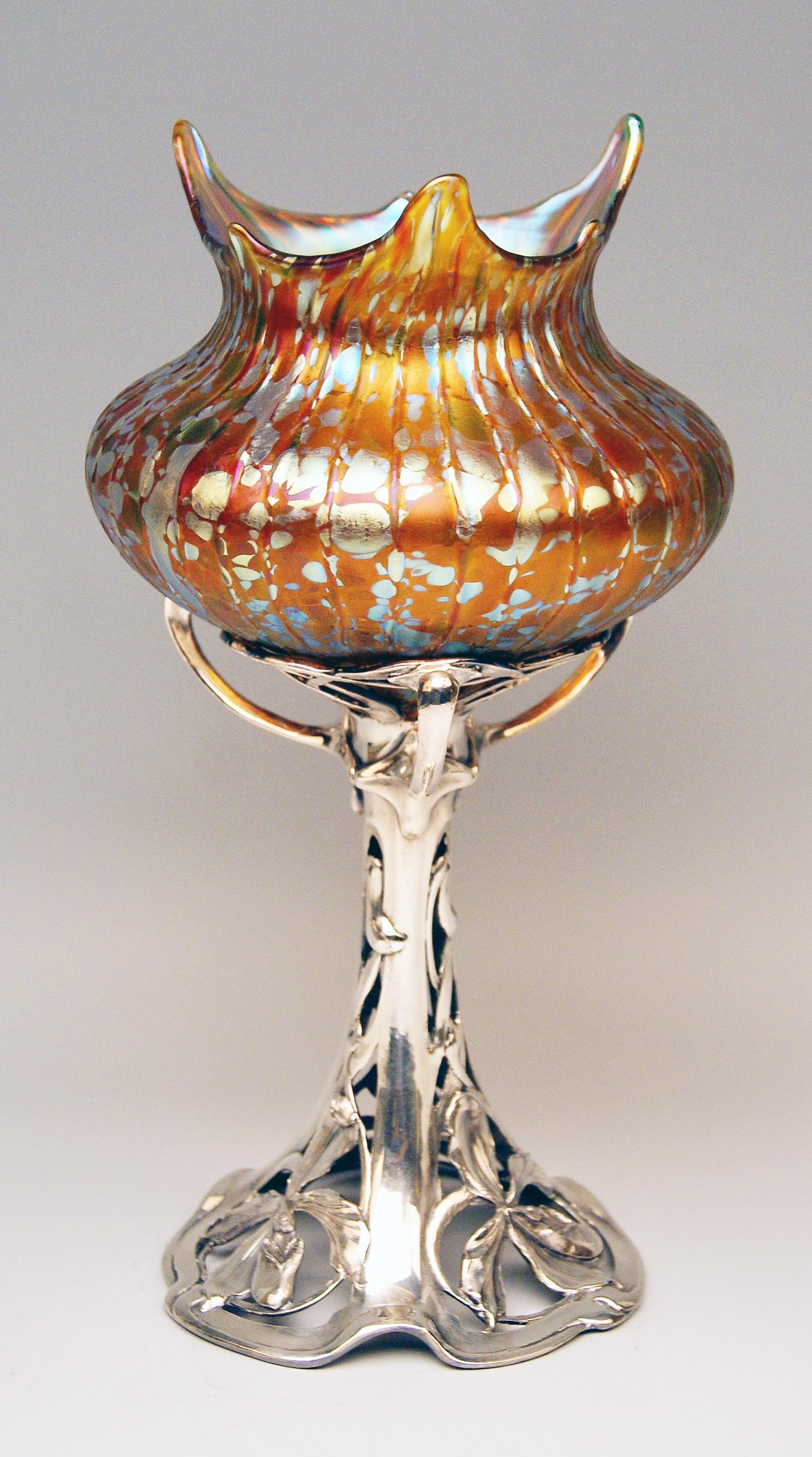 Art Nouveau Vase Loetz Widow Amber Papillon Iridescent Pewter Mounting Silver Plated For Sale