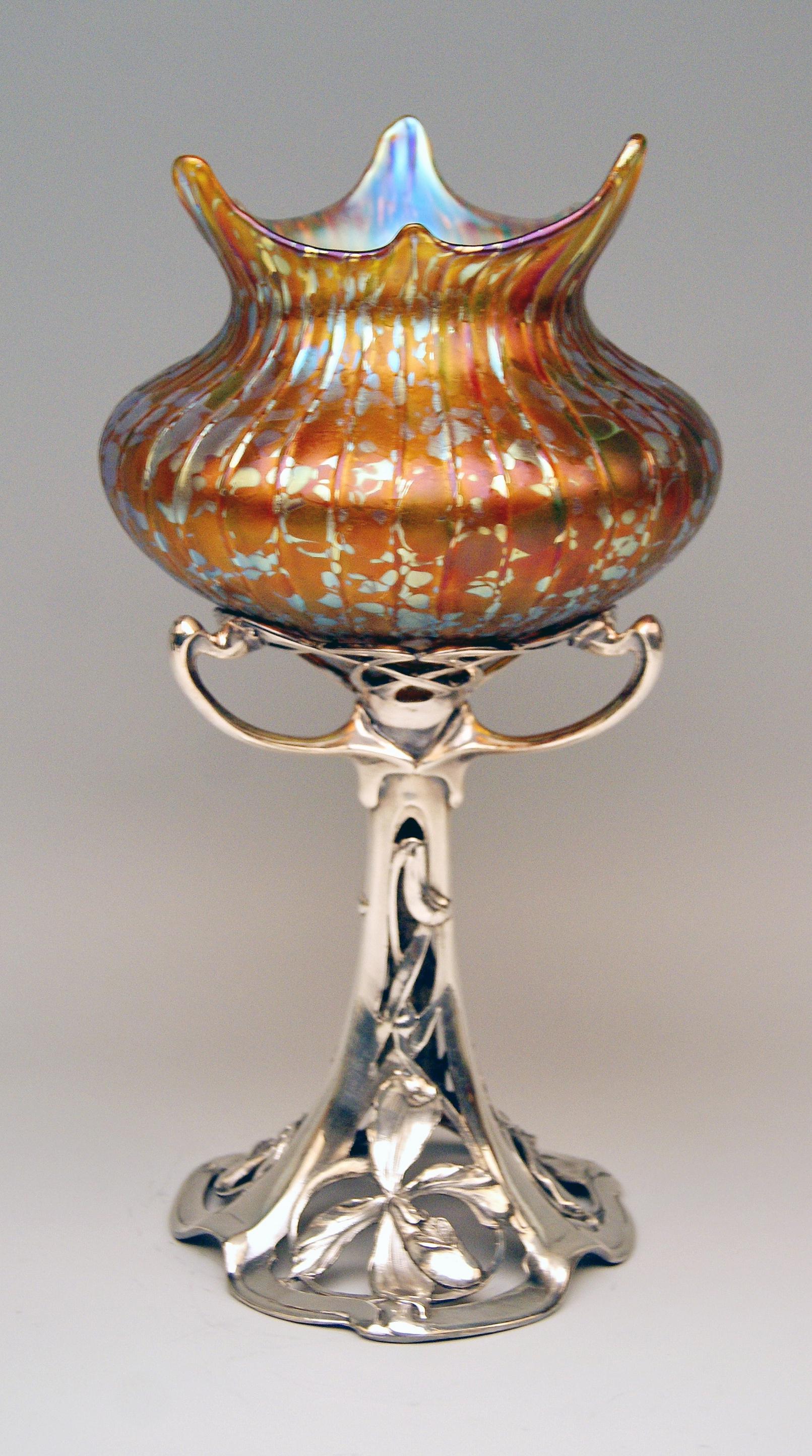 Austrian Vase Loetz Widow Amber Papillon Iridescent Pewter Mounting Silver Plated For Sale