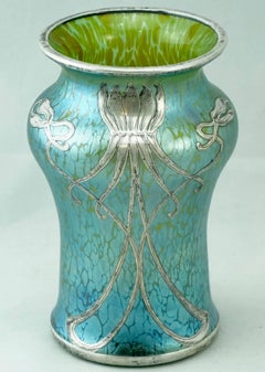 Vase Loetz Widow Cobalt Creta Papillon Silver Overlay, Art Nouveau, 1900