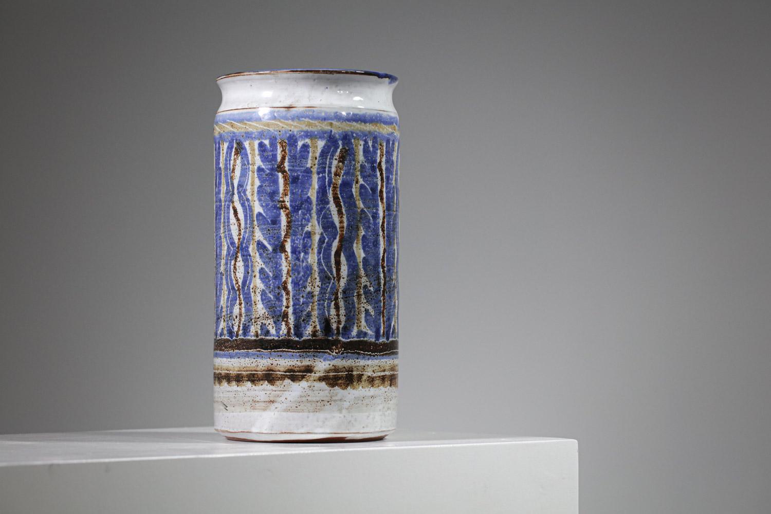 Glazed Vase Michel Barbier Blue Ceramic Vallauris 50s, G509 For Sale