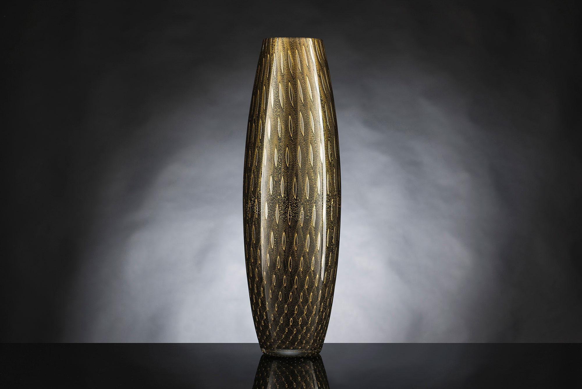 Vase Mocenigo Slim Big, Muranese Glass, Gold 24-Karat and Black, Italy For Sale