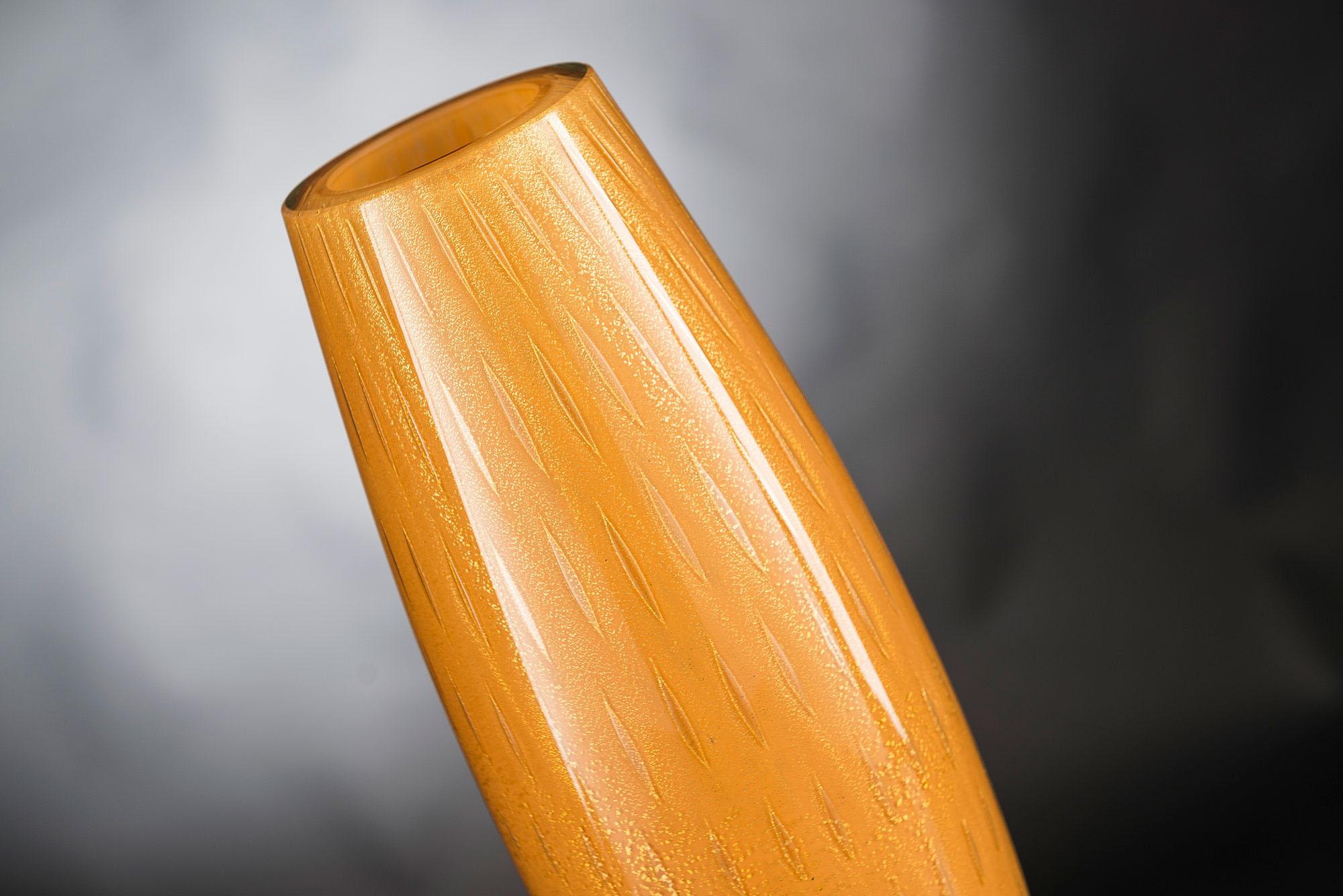 Modern Vase Mocenigo Slim Small, Muranese Glass, Gold 24-Karat and Orange, Italy For Sale