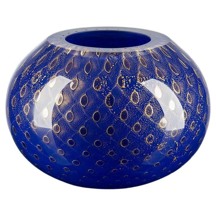 Vase Mocenigo Sphere, Muranese Glass, Gold 24-Karat and Blue, Italy For Sale