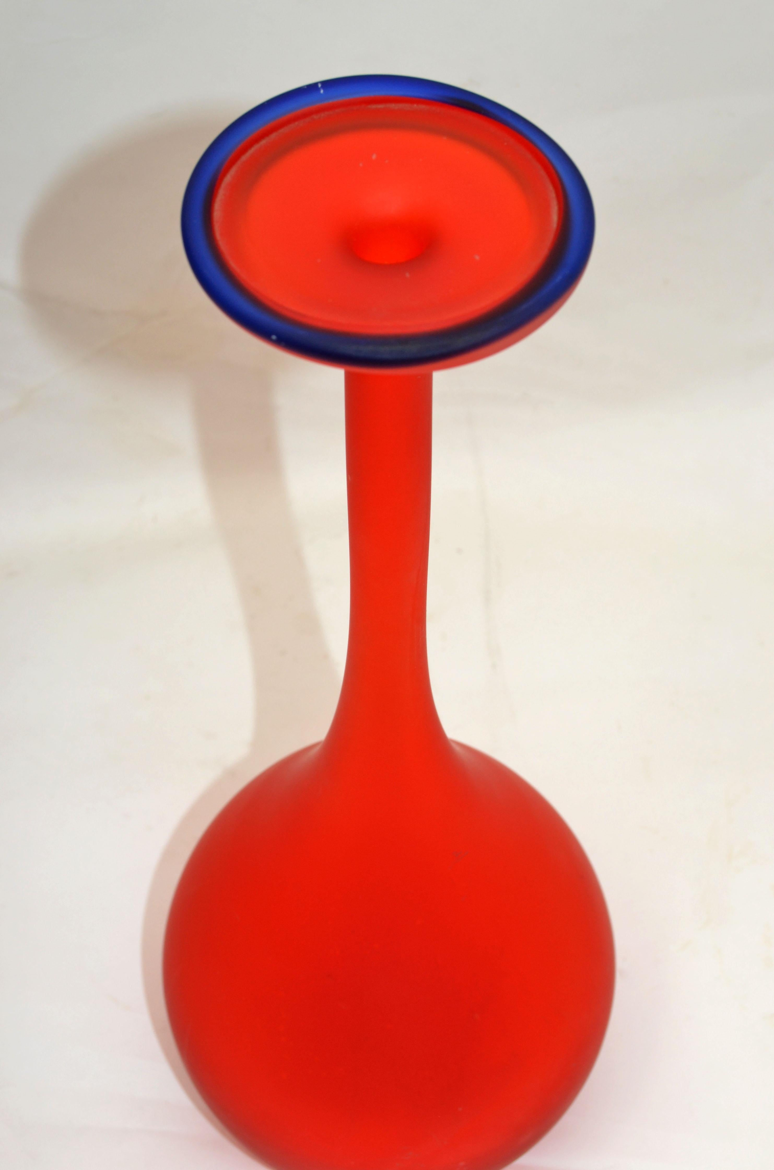 Mid-Century Modern Vase Moretti Style Translucent Red & Blue Satin Glass Bud Vases Italy For Sale