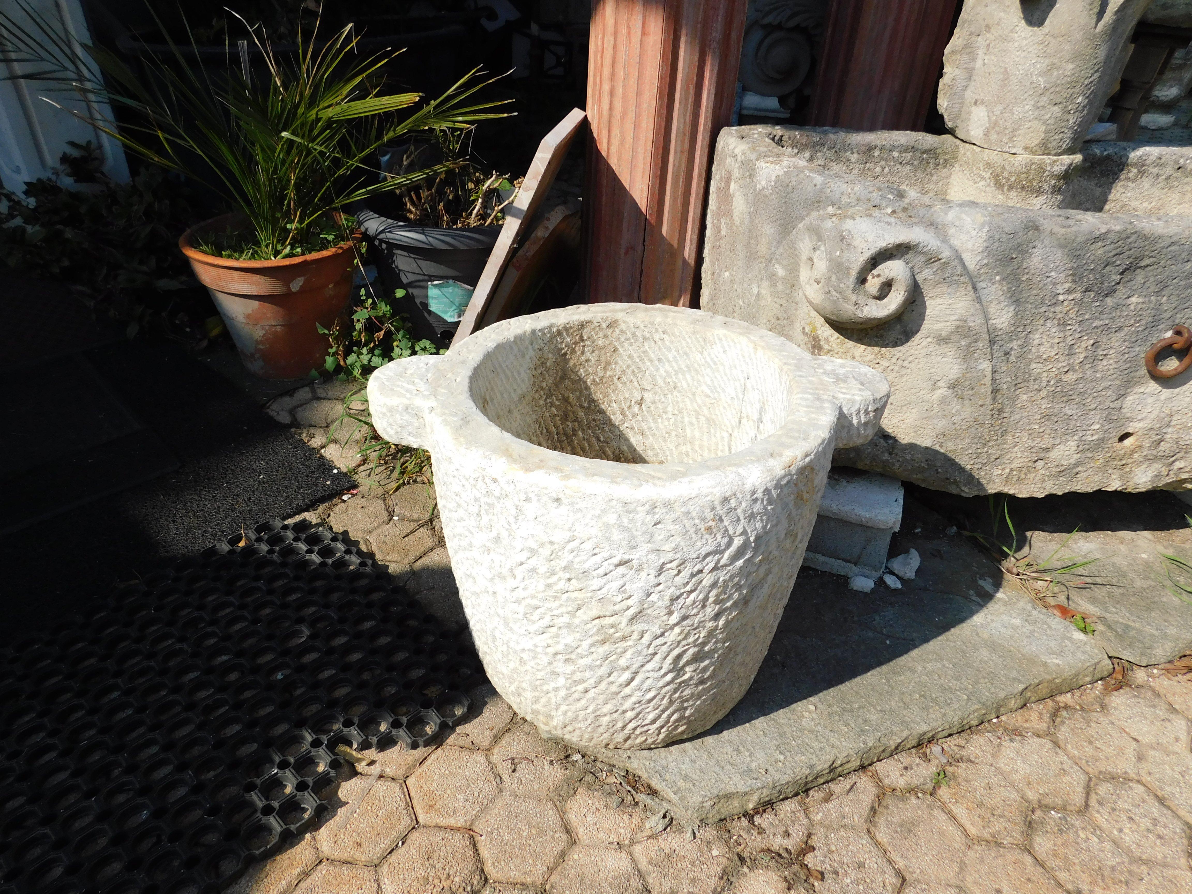 old Vase, mortar-type sink in carved stone, without pestle but probably born as a mortar, has two side handles and no drain hole, but can easily be adapted to different uses such as rustic sink, garden tub, etc... built in Handmade in Italy,