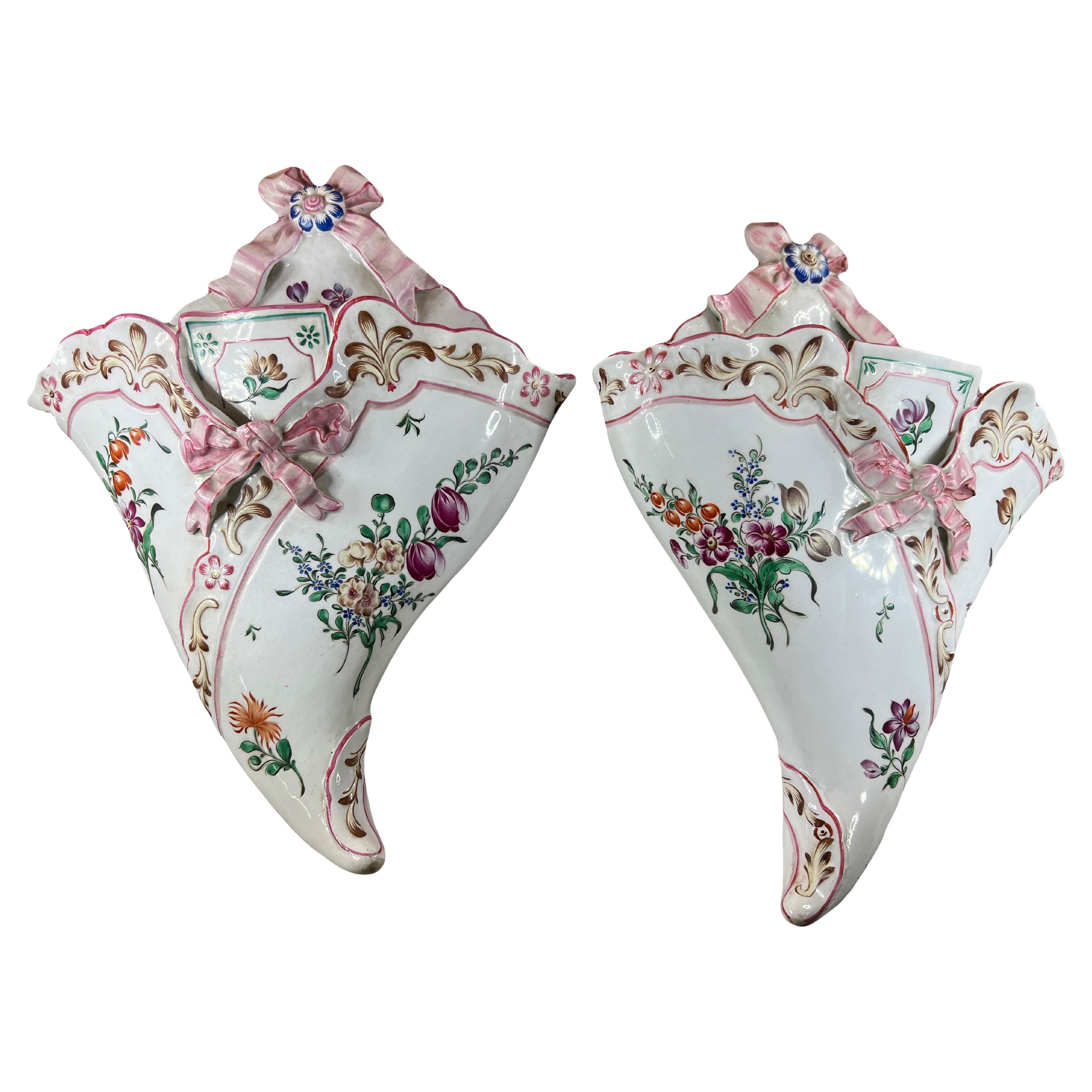 Pair of Luneville Faience Wall Décor Vases from 1900 For Sale