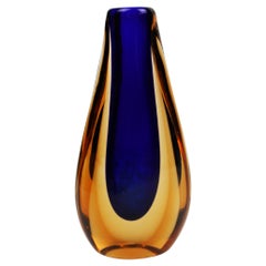 Vintage Vase Murano Flavio Poli Yellow Blue Glass Seguso Italy 1970's