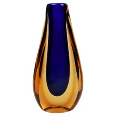 Vase Murano Flavio Poli Yellow Blue Glass Seguso Italy 1970's