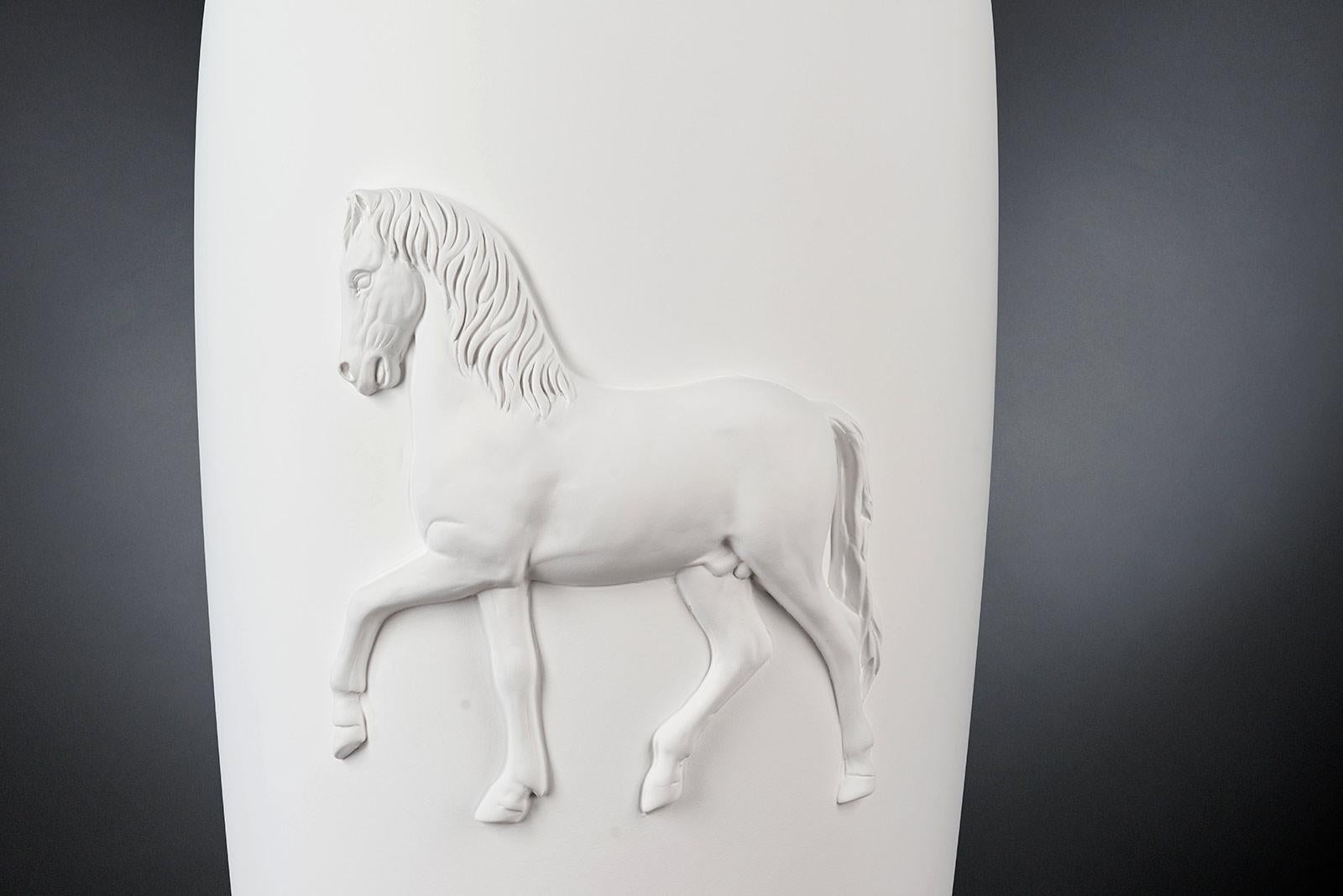 Modern Vase Obice Horse Relief, Matt White Ceramic, Italy For Sale