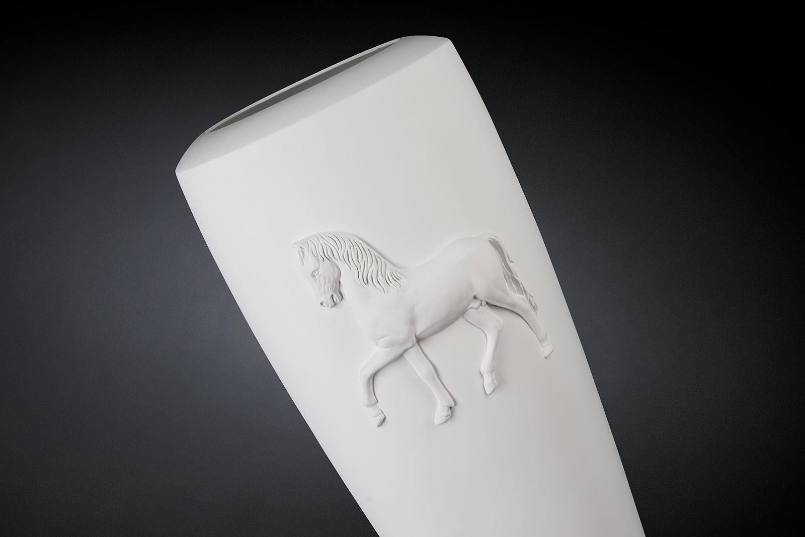 Italian Vase Obice Horse Relief, Matt White Ceramic, Italy For Sale