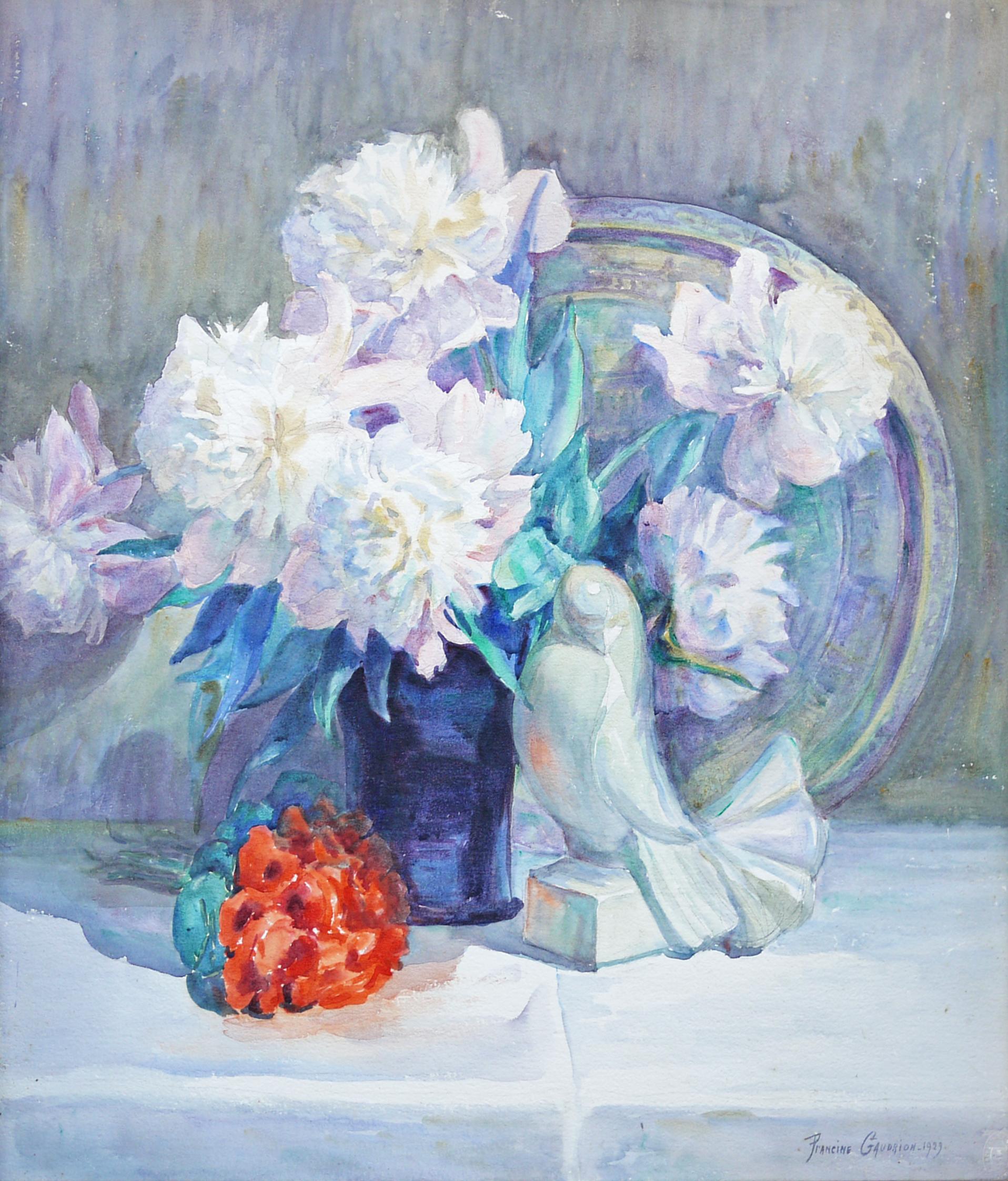 Watercolor painting, vase of flowers, Francine Gaudrion, 1929

Measures: 68 cm x 59 cm (dimensions referring to the canvas only; 77 cm x 68 cm with the frame), watercolor on canvas, 1929

Refined floral composition. On the back there is an