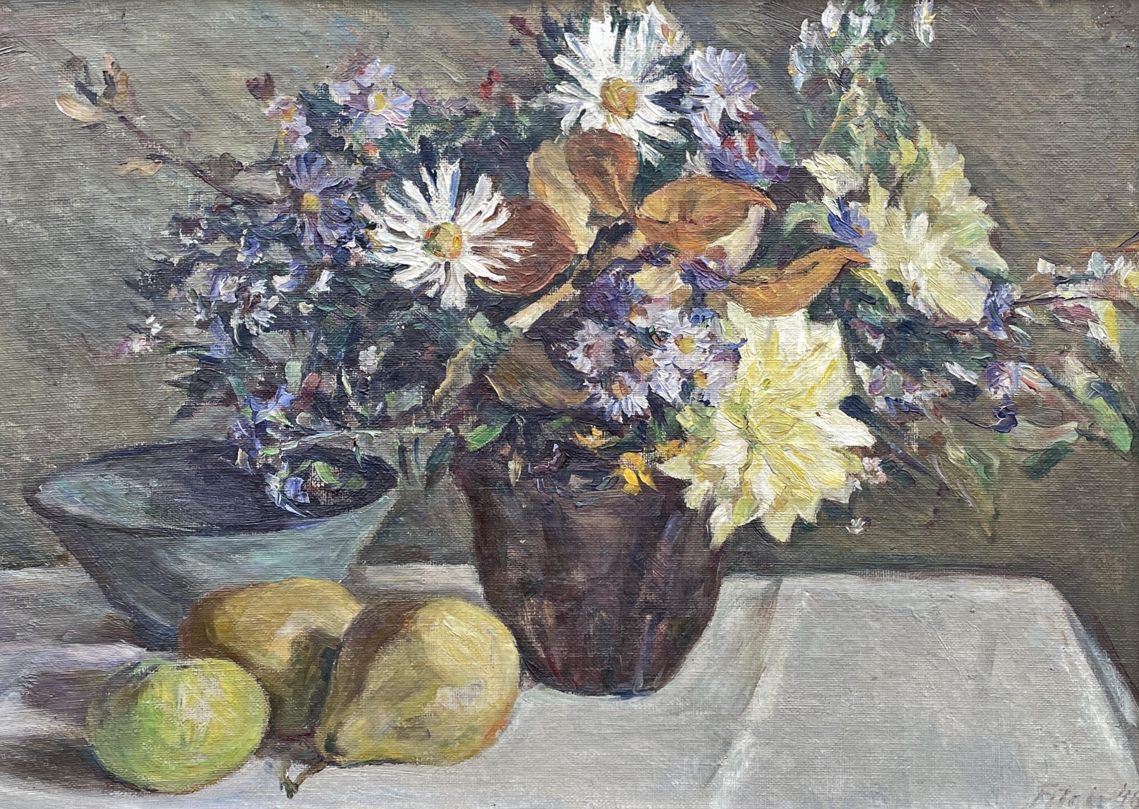 Vase of Flowers with Fruit Oil Painting, Fitger Hermann For Sale 3