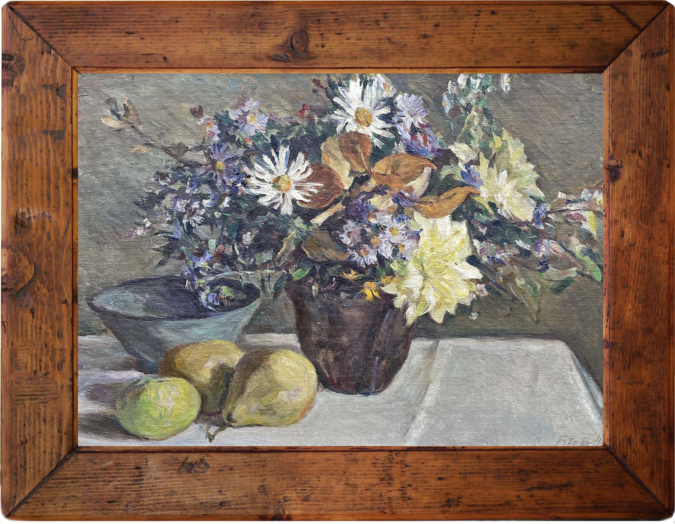 Vase of Flowers with Fruit Oil Painting, Fitger Hermann For Sale 1