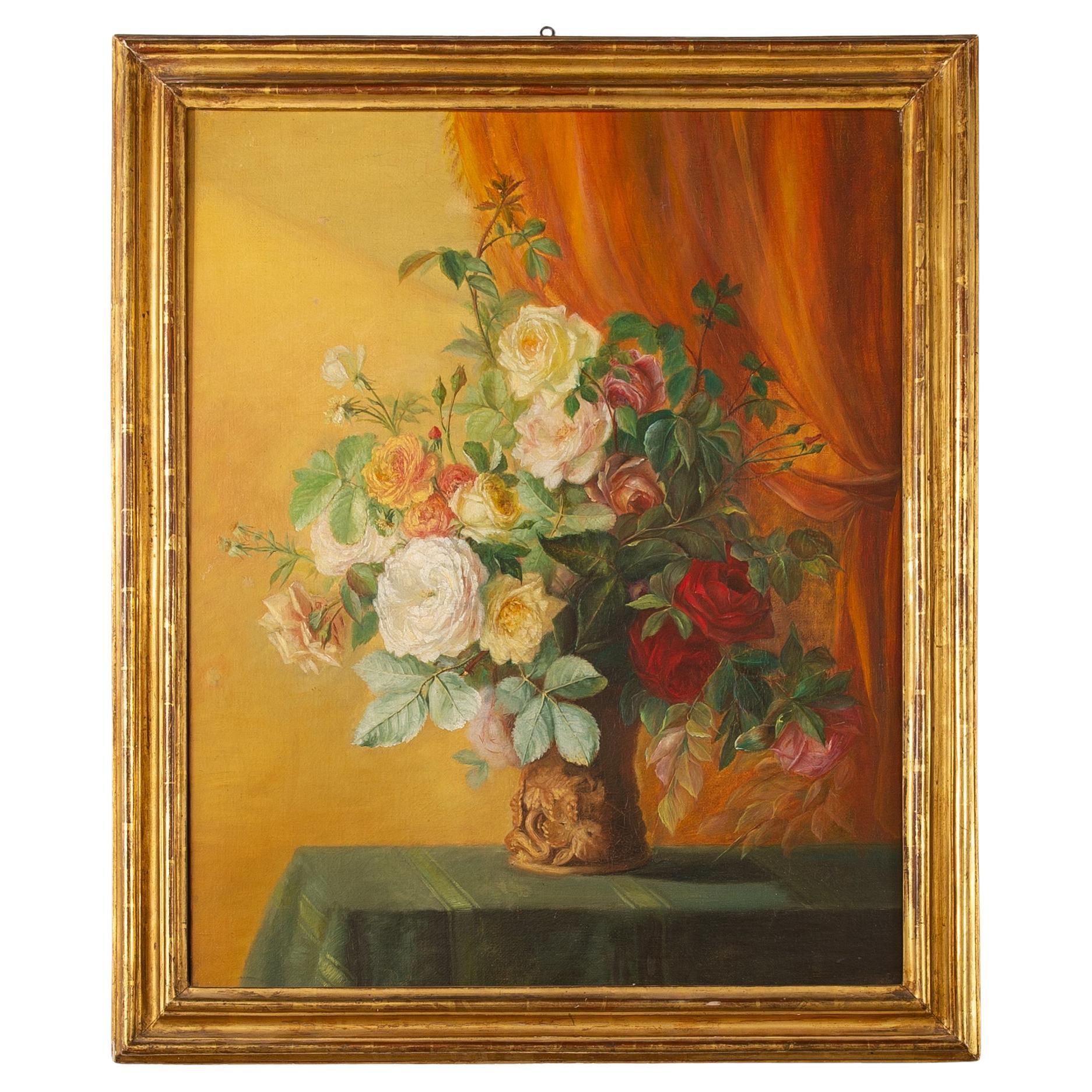 "Peinture "Vase de roses sur fond de rideau