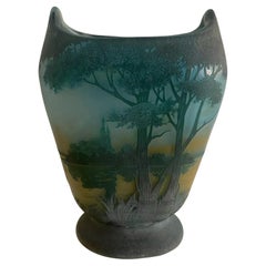 Vase on shower stand Daum Nancy flattened body lake decor Vintage Vase on shower stand Daum Nancy flattened body lake decor