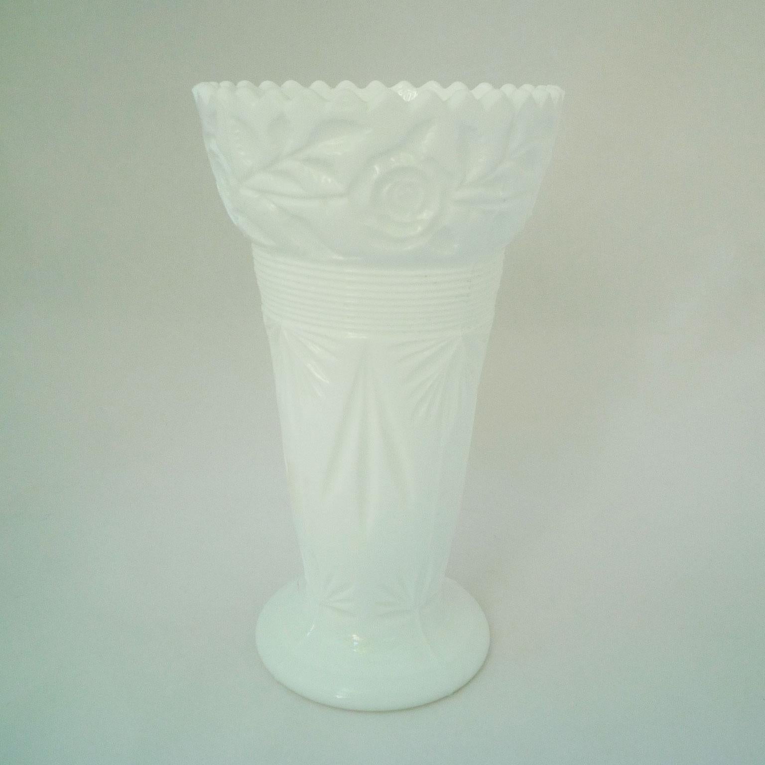 Pressed Vase Opal Glass Art Nouveau For Sale