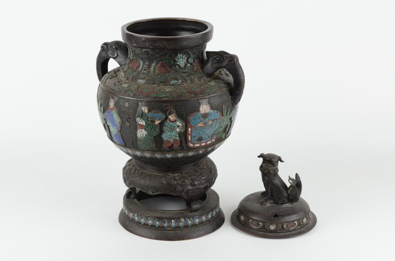 Asian Vase or Censer with Fu Dog on the Lid, Bronze, Cloisonné Enamel, 18-19th Century For Sale