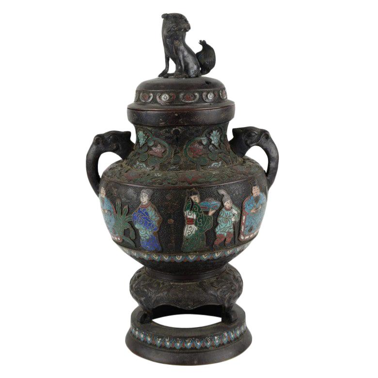 Vase or Censer with Fu Dog on the Lid, Bronze, Cloisonné Enamel, 18-19th Century For Sale
