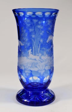Vase Overlay blue Engraved motif ‘‘ fox hunting ‘‘ Bohemian Glass ¨video¨