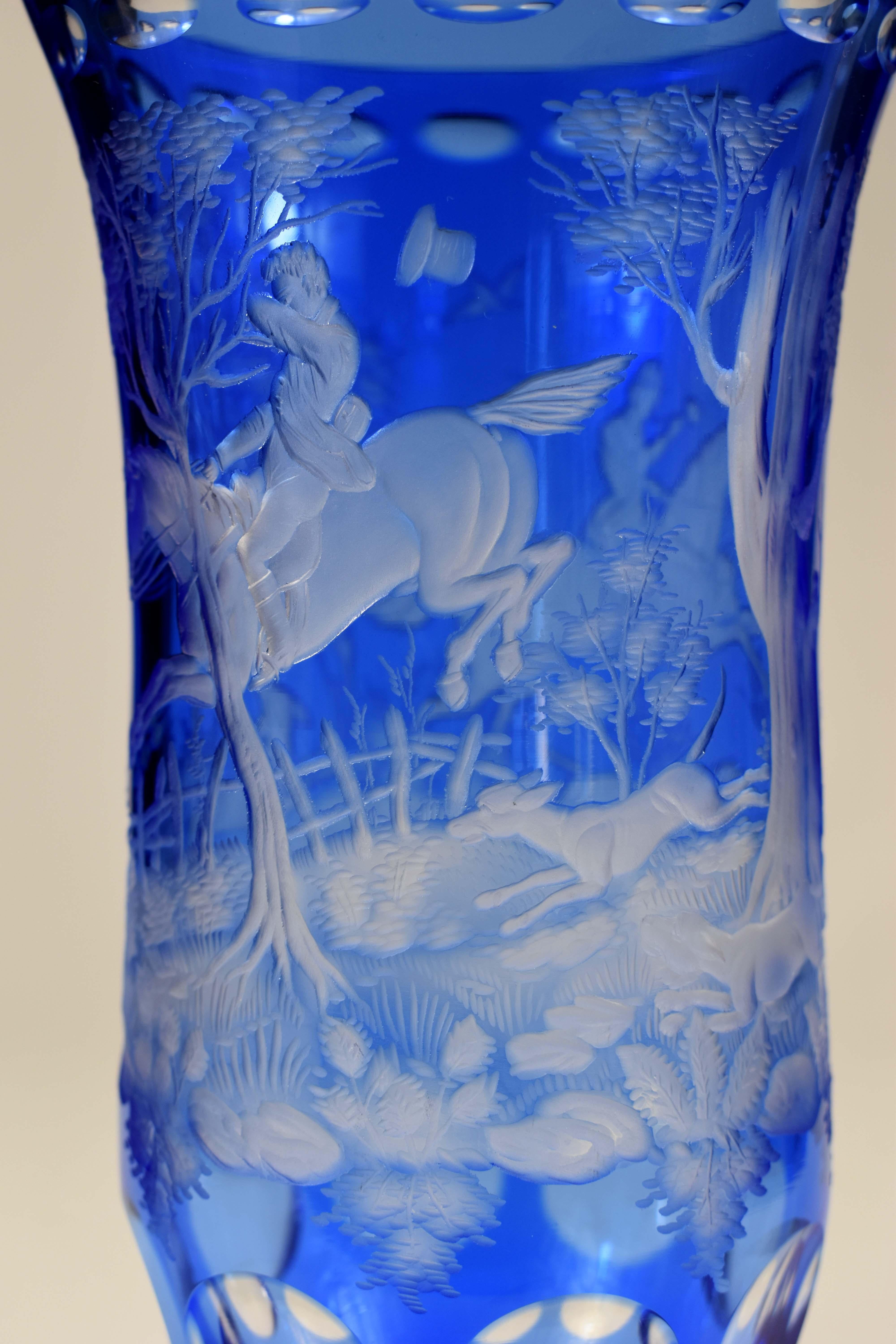 Vase Overlay blue Engraved motif ‘‘ fox hunting ‘‘ Bohemian Glass ¨video¨ 1