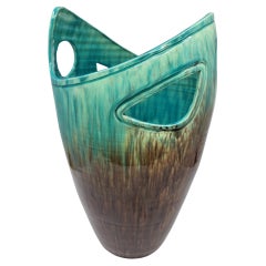 Vase ovoïde Poterie d'Accolay en céramique Marron Bleu France vintage 1960