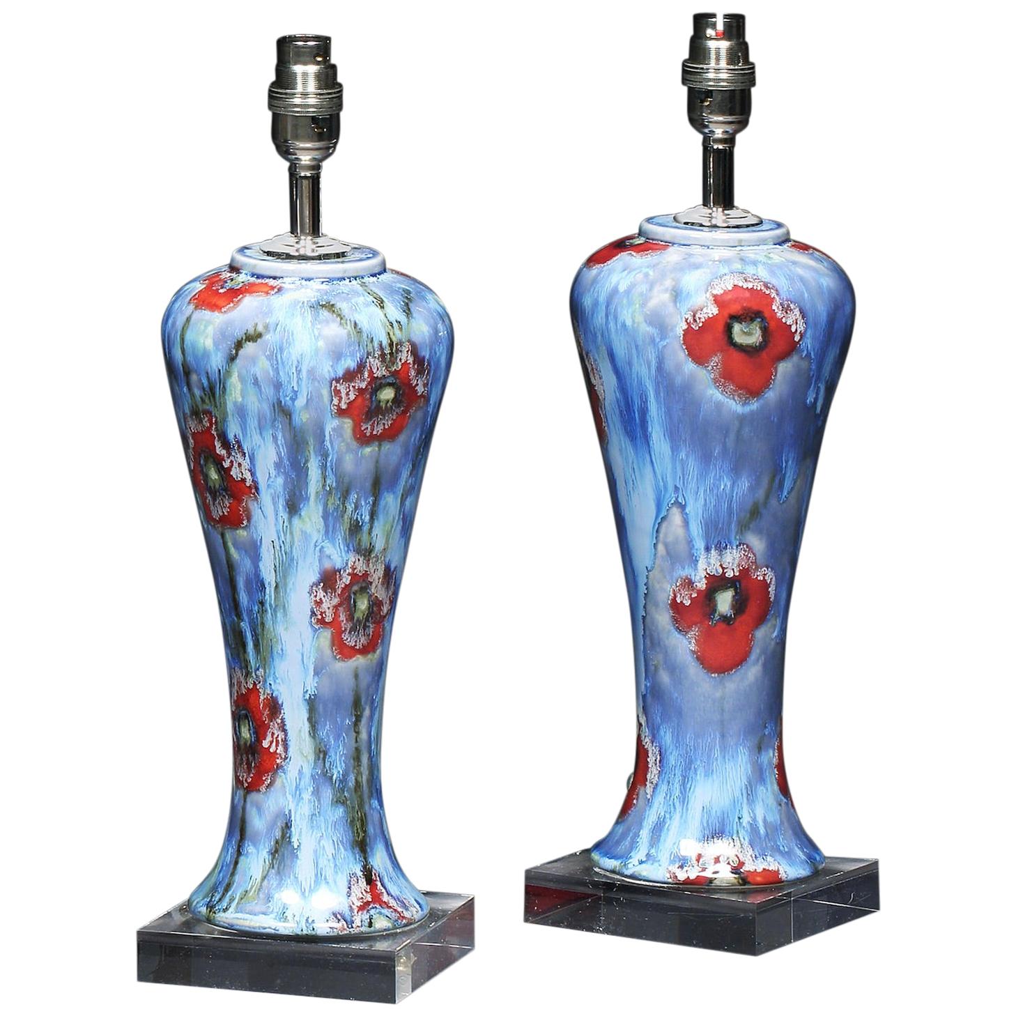 Vase Pair of Cobridge Poppy and Ice Wildflower Blue Red Green White 16.5" high