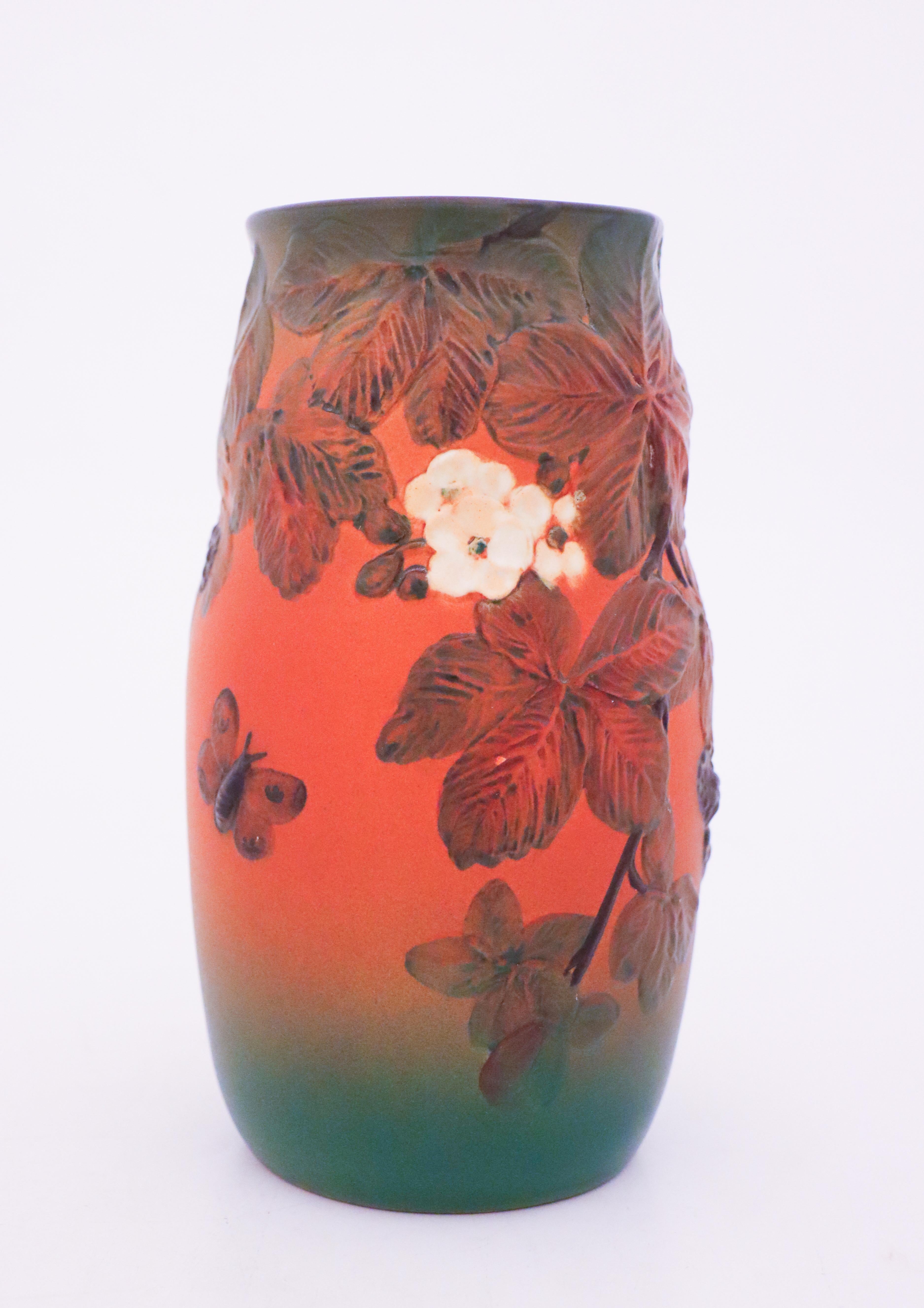Scandinavian Modern Vase Peter Ipsen Enke - Denmark - Art Nouveau - Orange with flowers and leafs For Sale