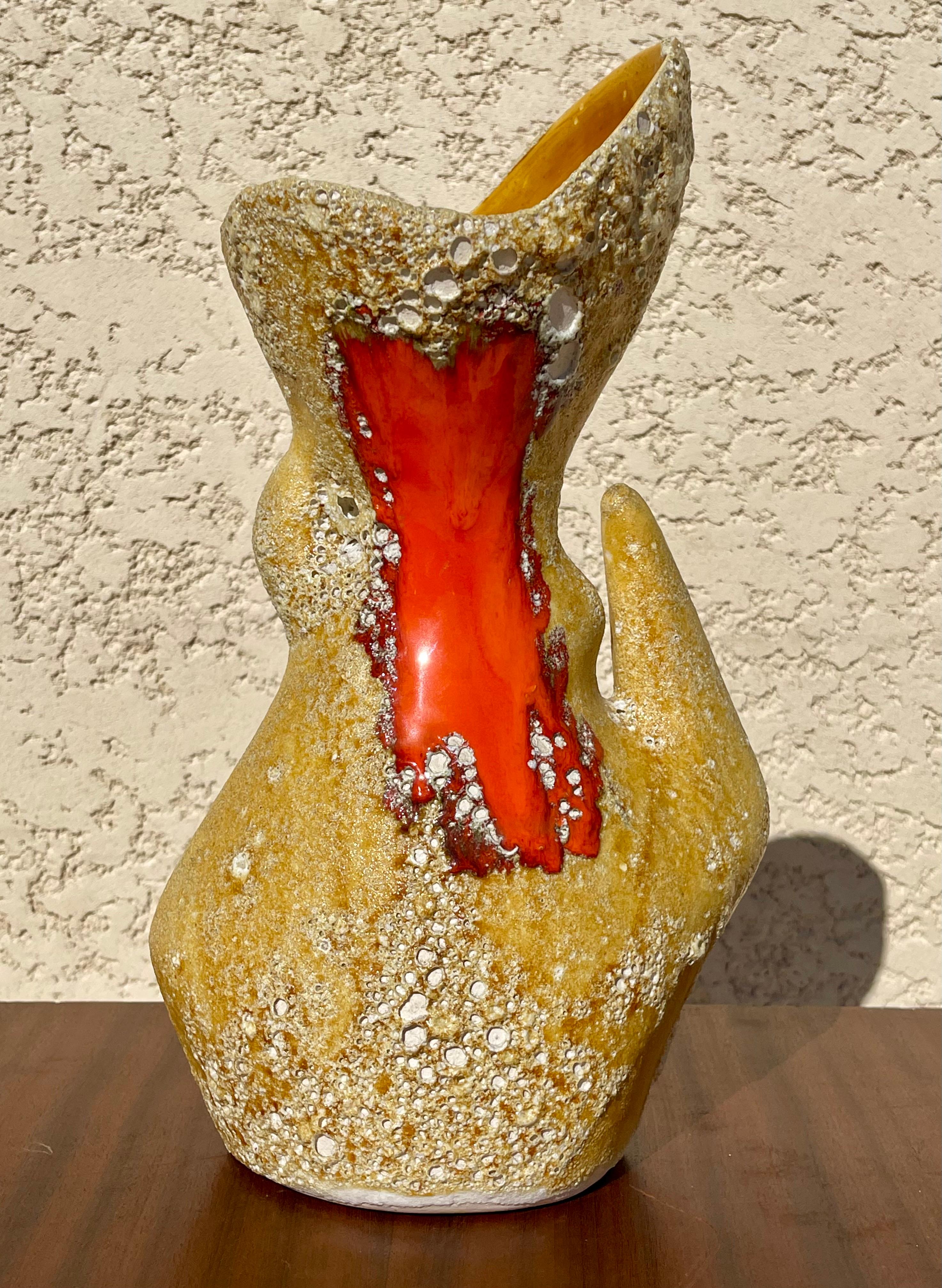 Lovely pitcher-shaped vase in Fat Lava from Vallauris. Stunning yellow and orange colors. Vase in very excellent condition.