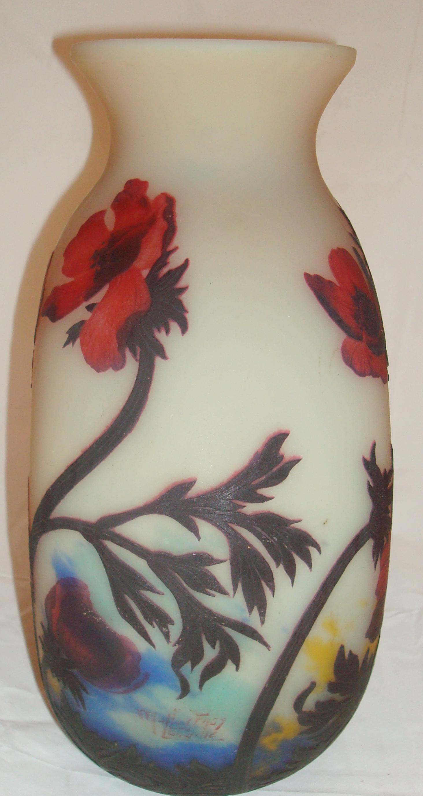 Early 20th Century Vase ( Poppies Flowers) , Sign: Muller Fres Luneville, Jugendstil, Art Nouveau For Sale