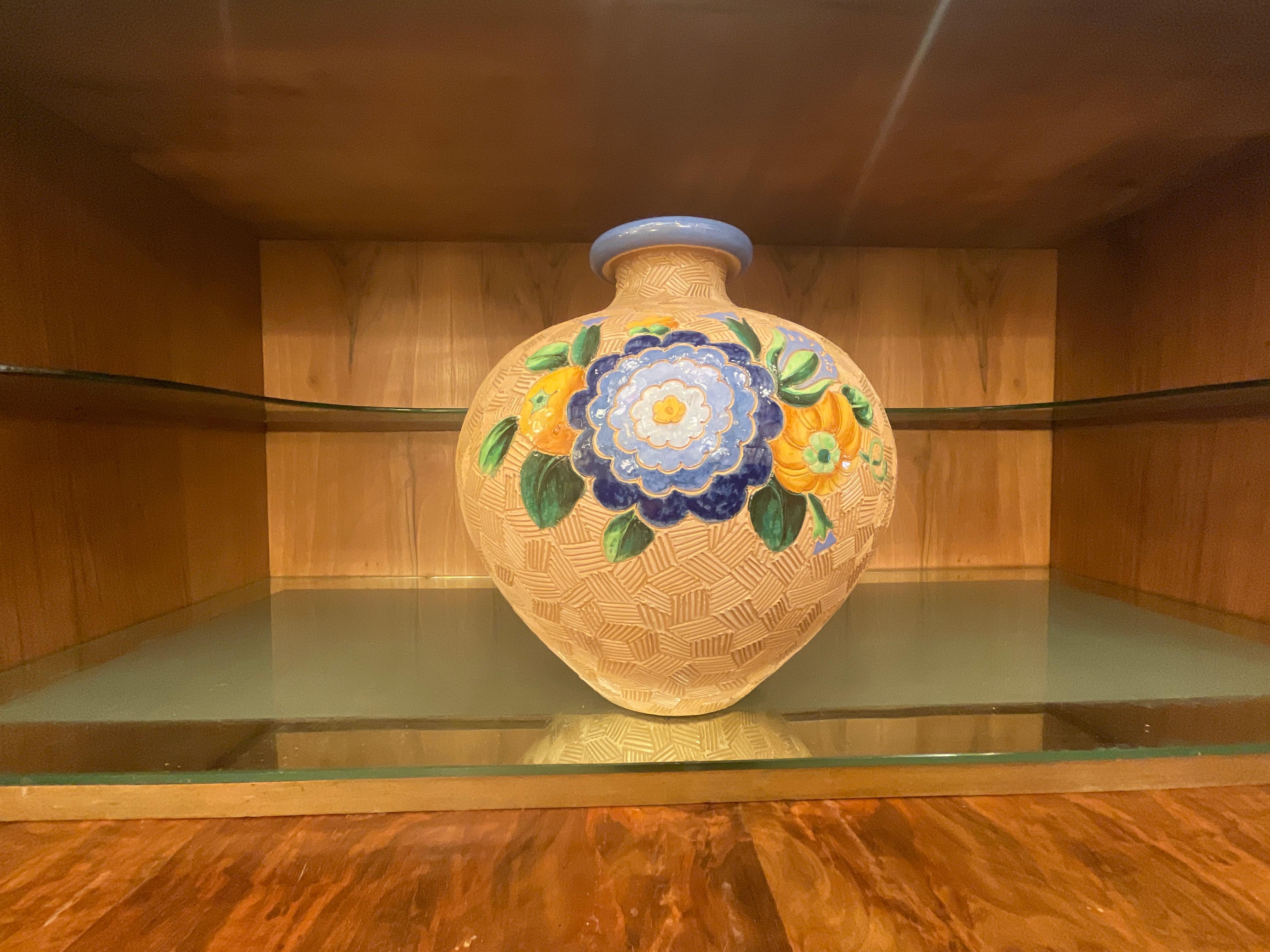 Vase 'Topf' 1930, mehrfarbige runde Form, Majolika, Giò Ponti (Art déco) im Angebot