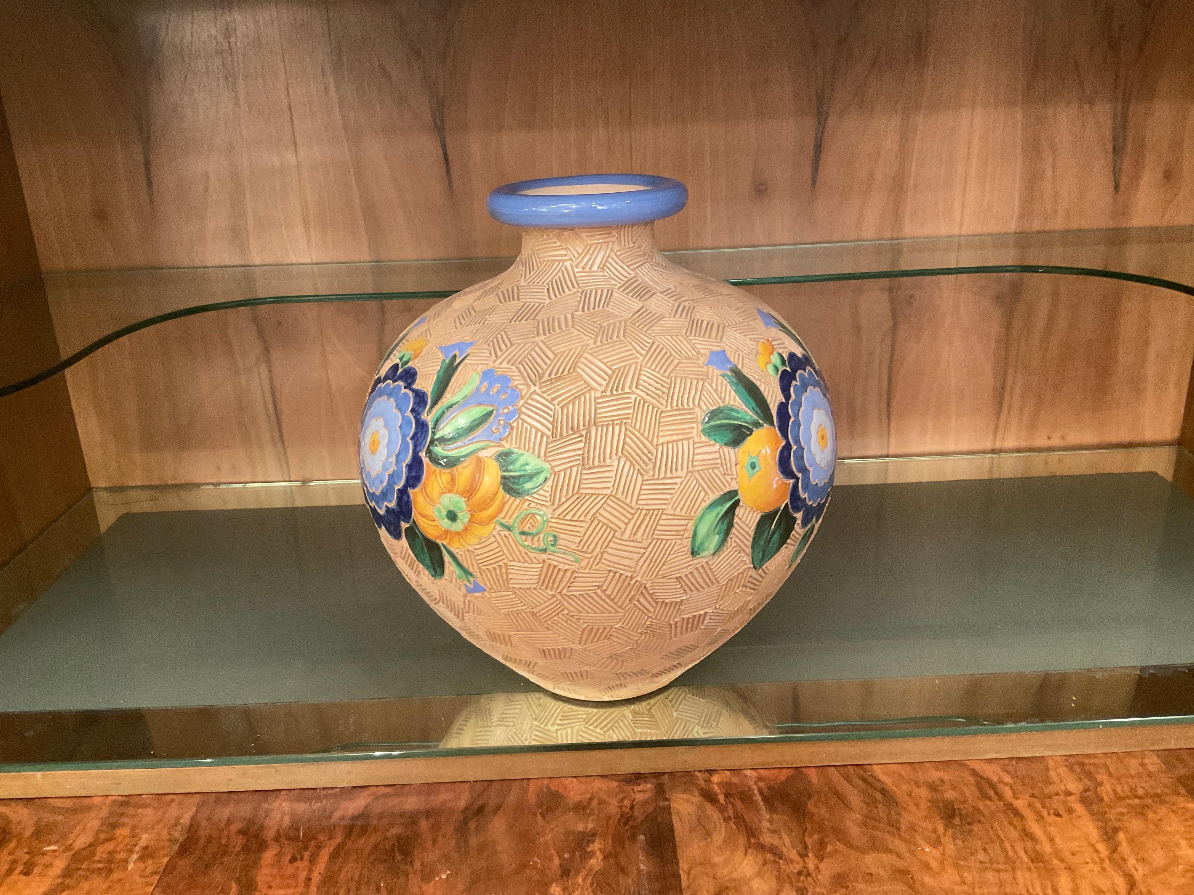 Vase 'Topf' 1930, mehrfarbige runde Form, Majolika, Giò Ponti (Italienisch) im Angebot