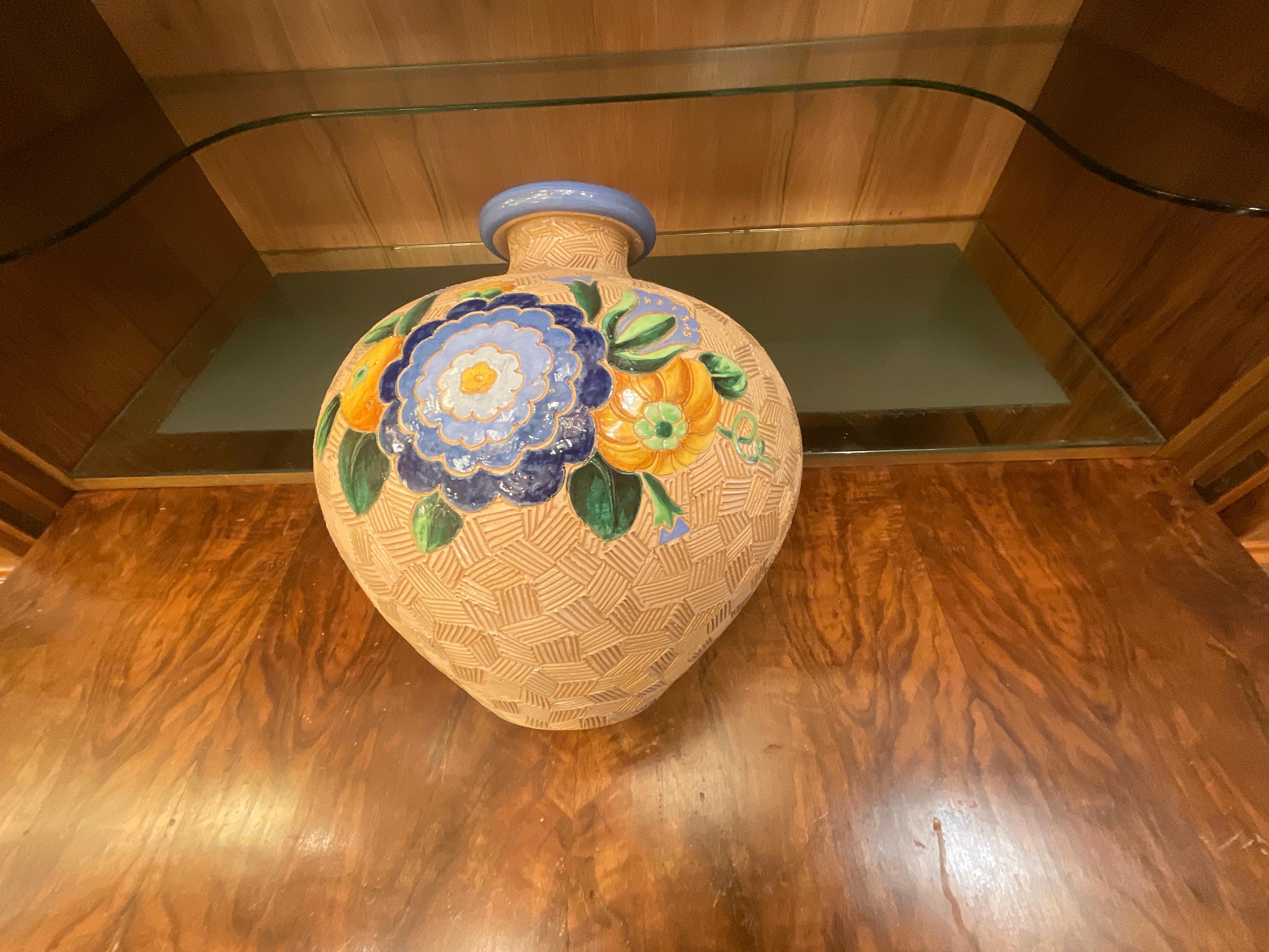 Vase 'Topf' 1930, mehrfarbige runde Form, Majolika, Giò Ponti (Mitte des 20. Jahrhunderts) im Angebot