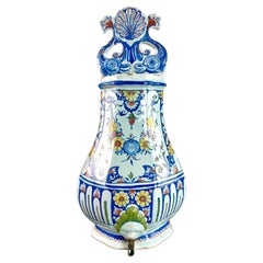 Vase - Rouen earthenware fountain, flower pot - blue white - 18th century France