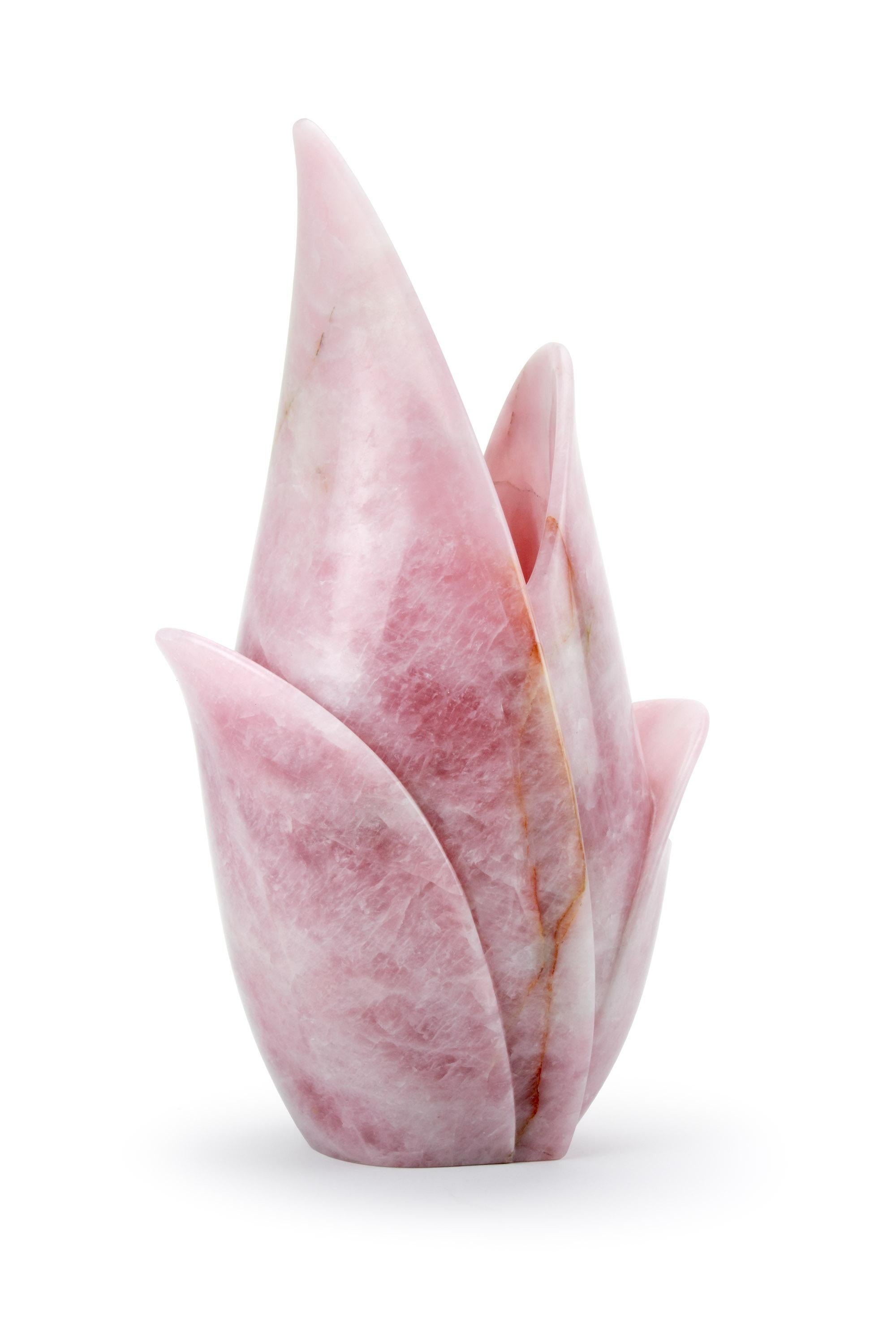 Modern Vase Vessel Sculpture Tulip Block Rose Quartz Handmade Collectible Design Italy For Sale