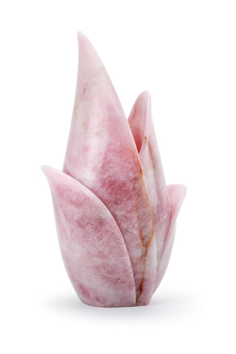 Modern Vase Vessel Sculpture Tulip Block Rose Quartz Handmade Collectible Design Italy For Sale