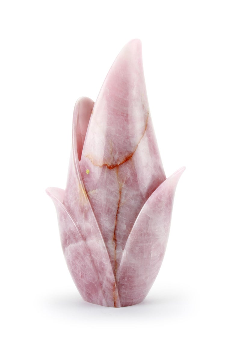 Italian Vase Vessel Sculpture Tulip Block Rose Quartz Handmade Collectible Design Italy For Sale